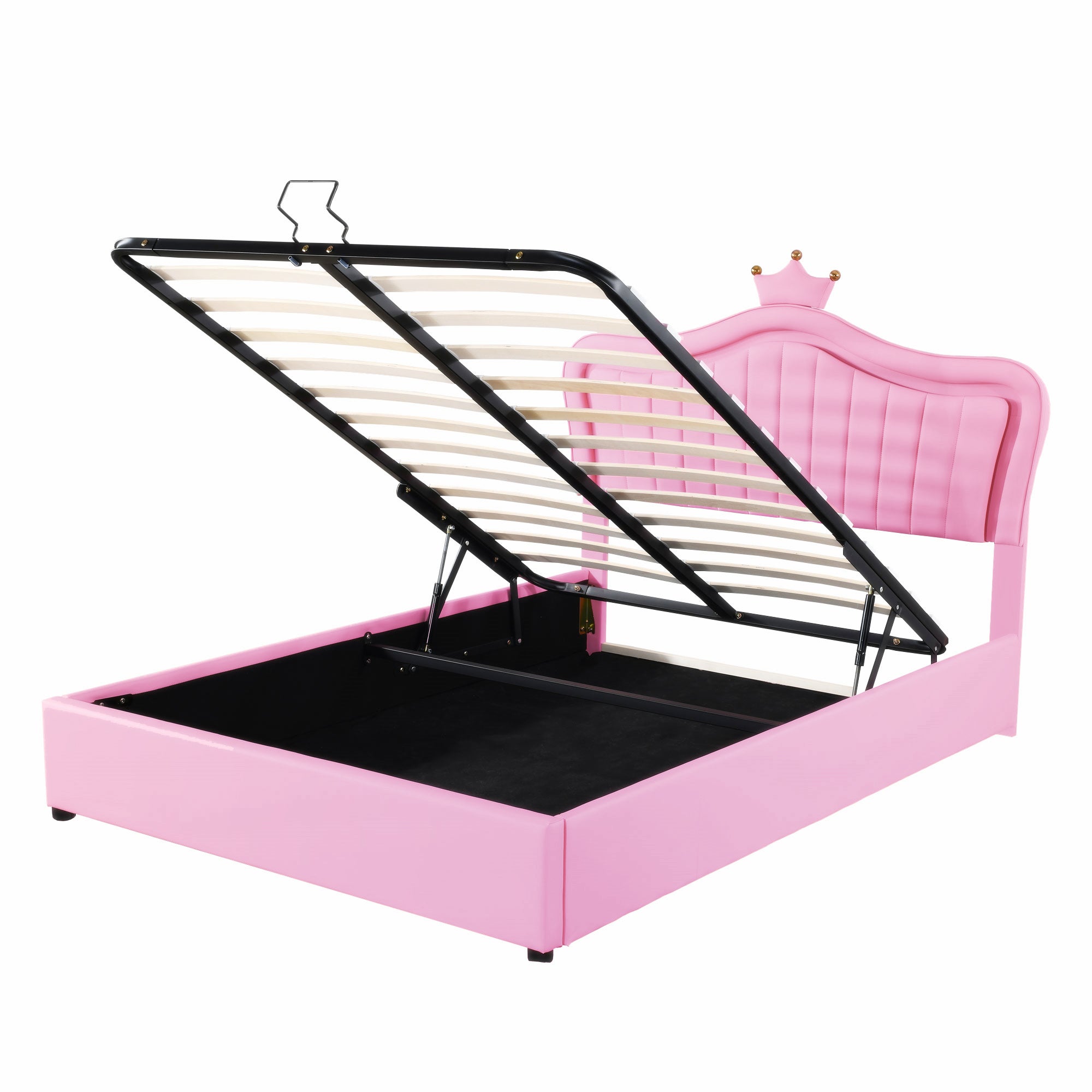 Children's Bed, 140x200cm Hydraulic Storage, LED, Pink PU Leather