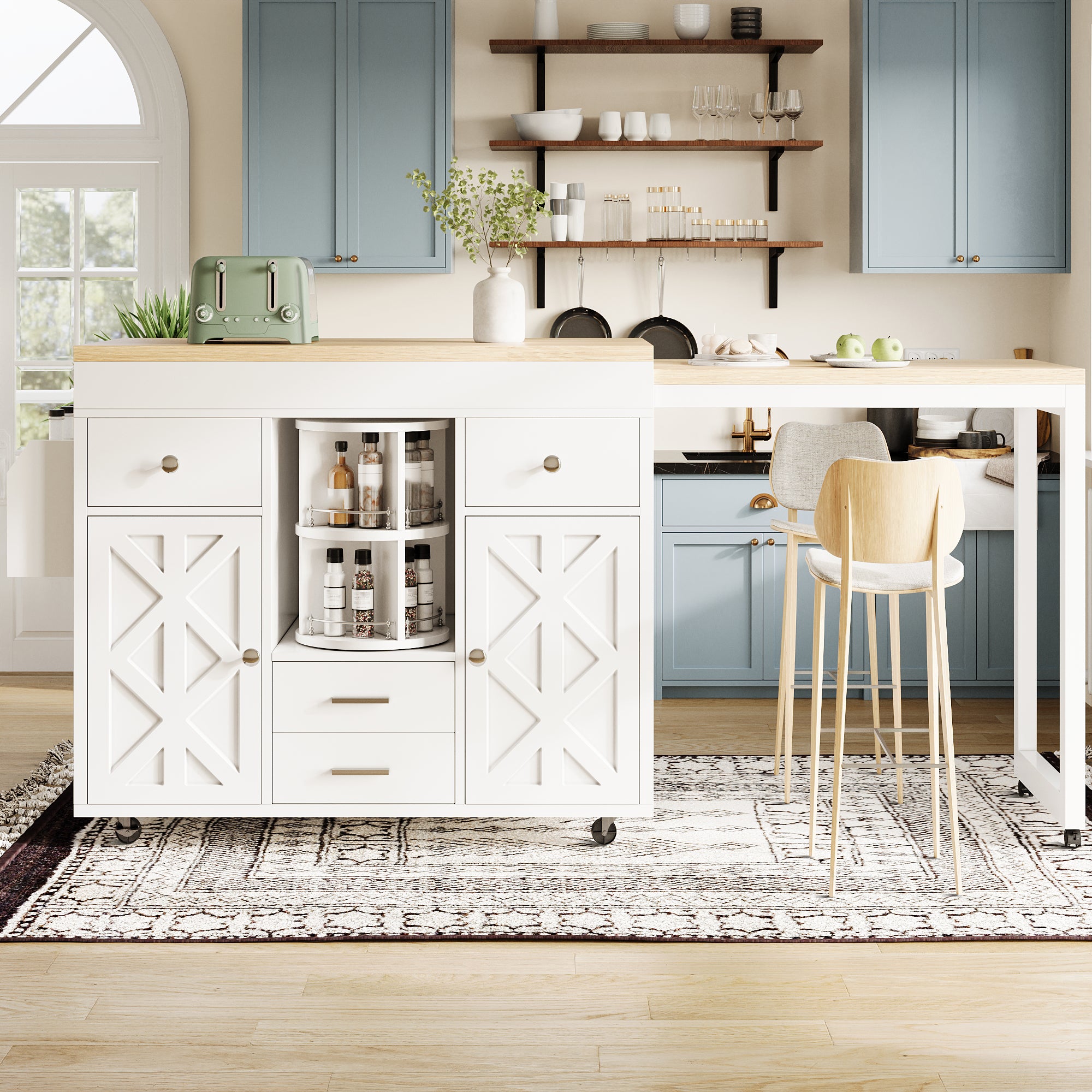 Modern Extendable Bar Table and Kitchen Trolley with Rotating Organizer and Adjustable Shelves, White