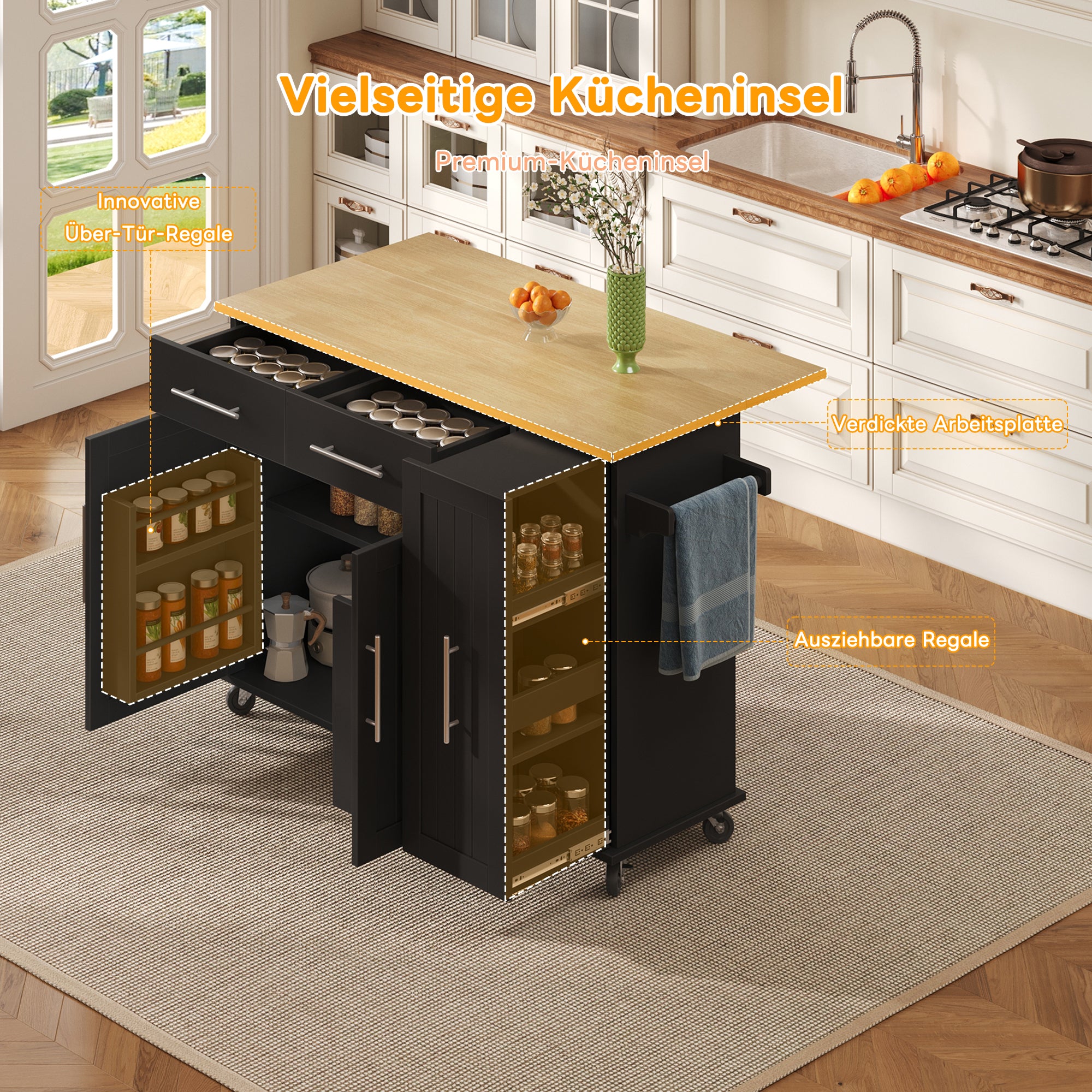 Kitchen Island Drop Leaf Rolling Cart 3-Tier Pull-Out 2 Drawers - Black