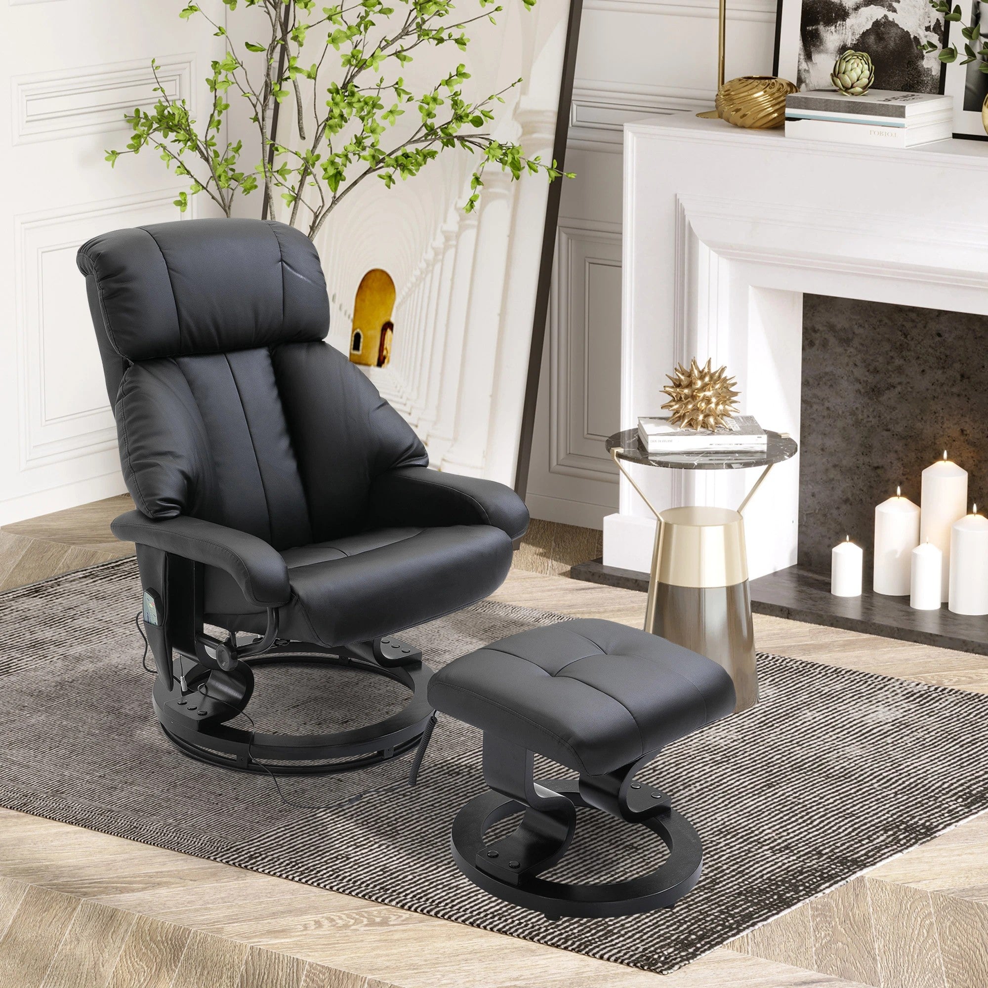 TV Armchair Reclining Deep Padding High Back 360° Swivel, Faux Leather Black