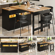Extendable Bar Table with LED Lighting and 360° Swivel, 120-180cm Kitchen Island with Storage, MDF