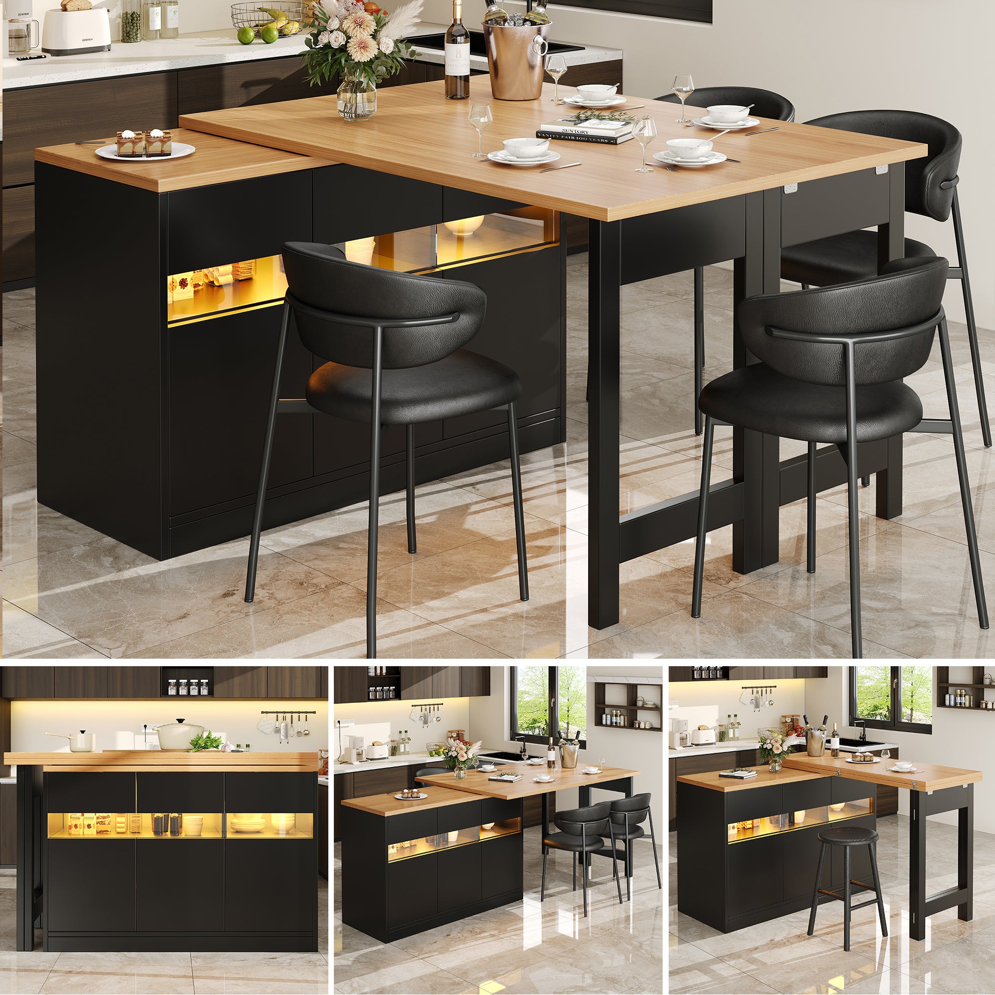 Extendable Bar Table with LED Lighting and 360° Swivel, 120-180cm Kitchen Island with Storage, MDF