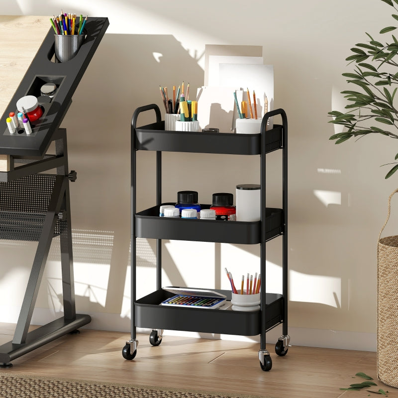 Three-Tier Storage Trolley, Steel, Black