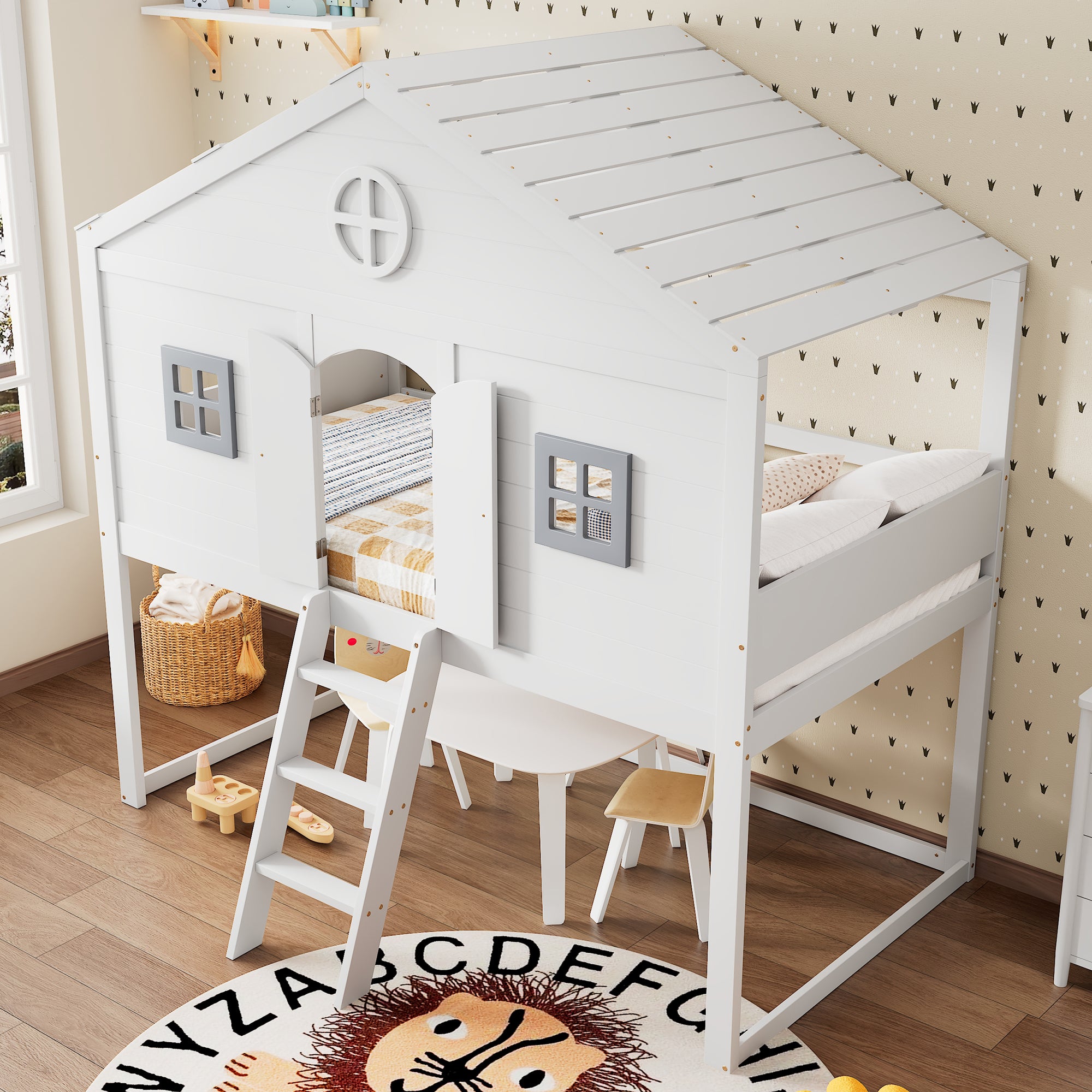 House Bed, Stairs, Safety Rail & Gate, Pine & MDF, White & Grey