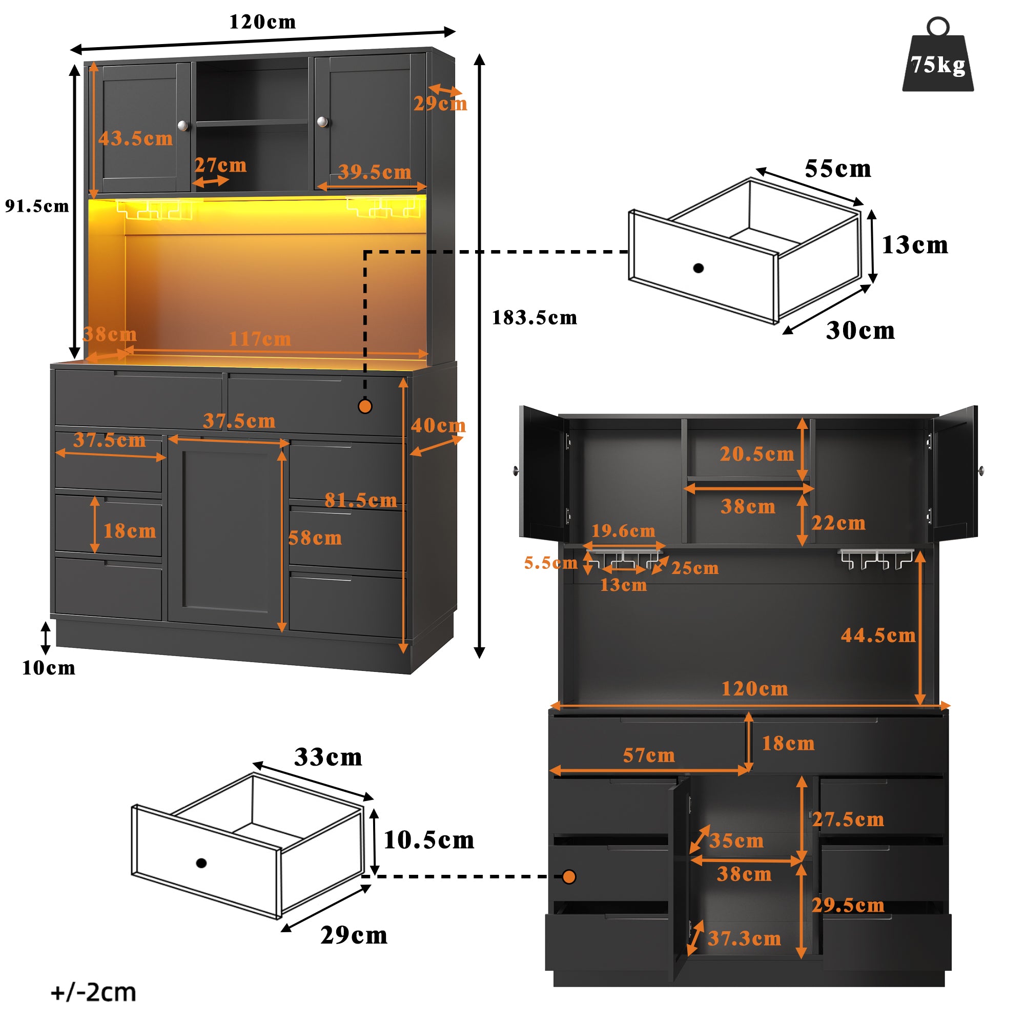 Tall Cabinet 120x40x183.5cm Smart LED Lighting 8 Drawers Adjustable Shelves Black
