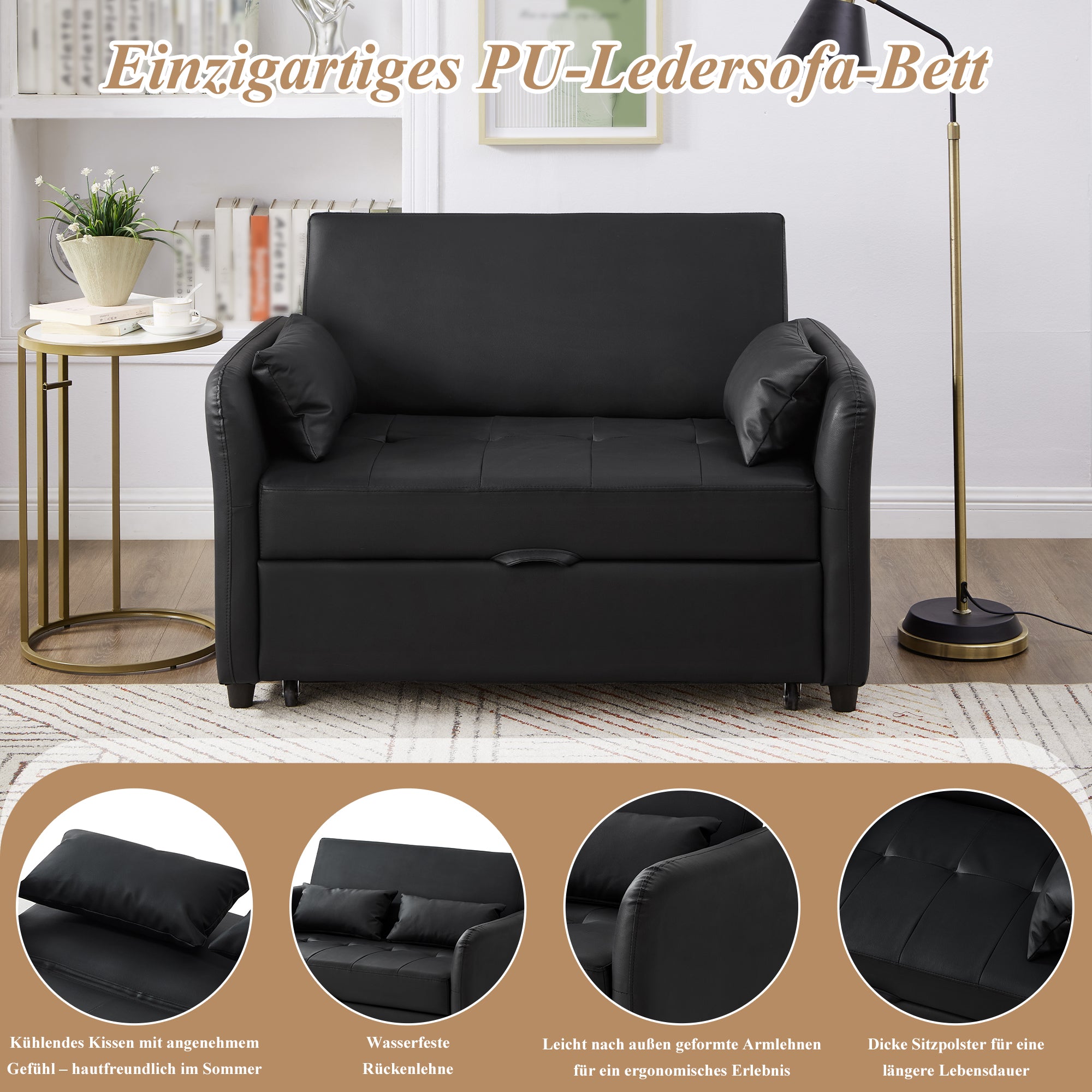 Multifunctional Sofa Bed Two-Seater Pull-Out, 3-Position Adjustable Backrest, Water-Repellent PU Material