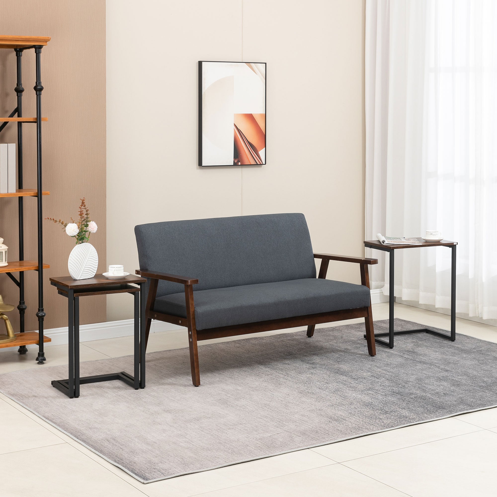 Set of 3 side tables, C-shaped nesting, space-saving, steel frame, rustic brown