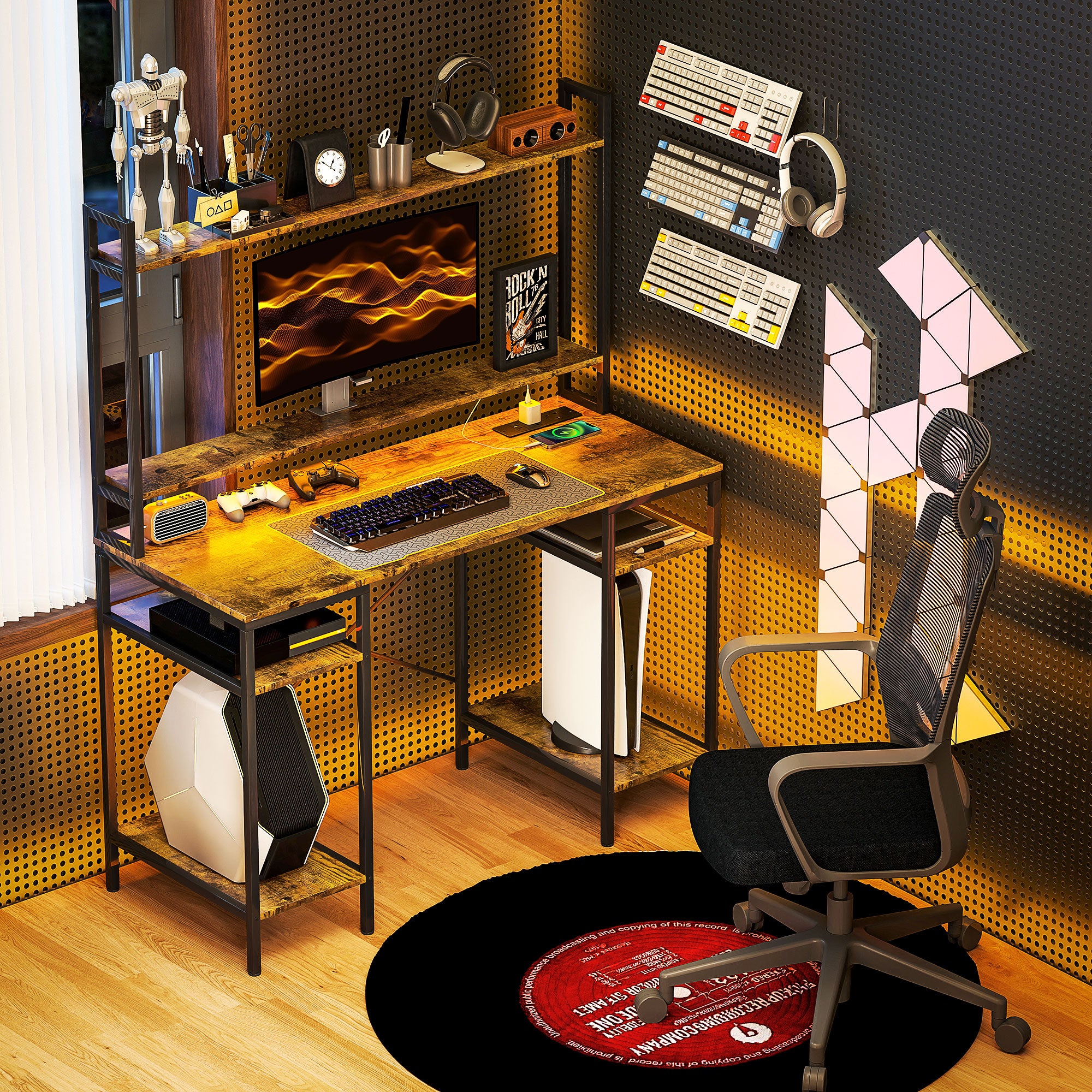 Computer Desk with Power Outlets, LED Lights, Hutch, Storage Shelves, Rustic Brown