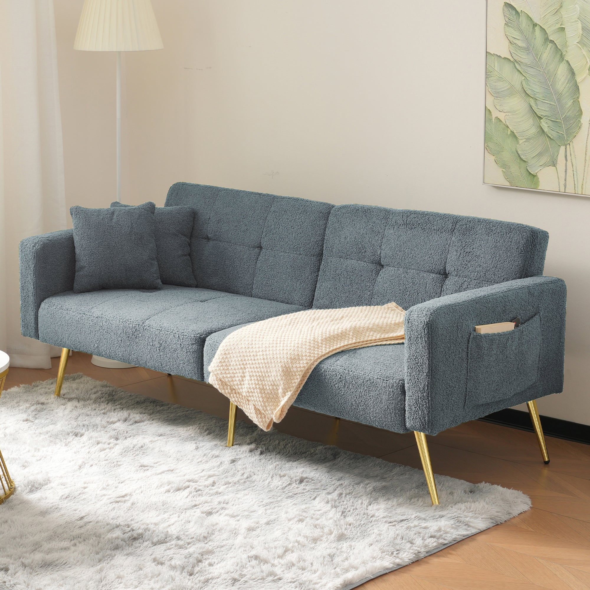 Sofa Bed with Adjustable Backrest, Cushions, Storage Pockets, Gold Legs