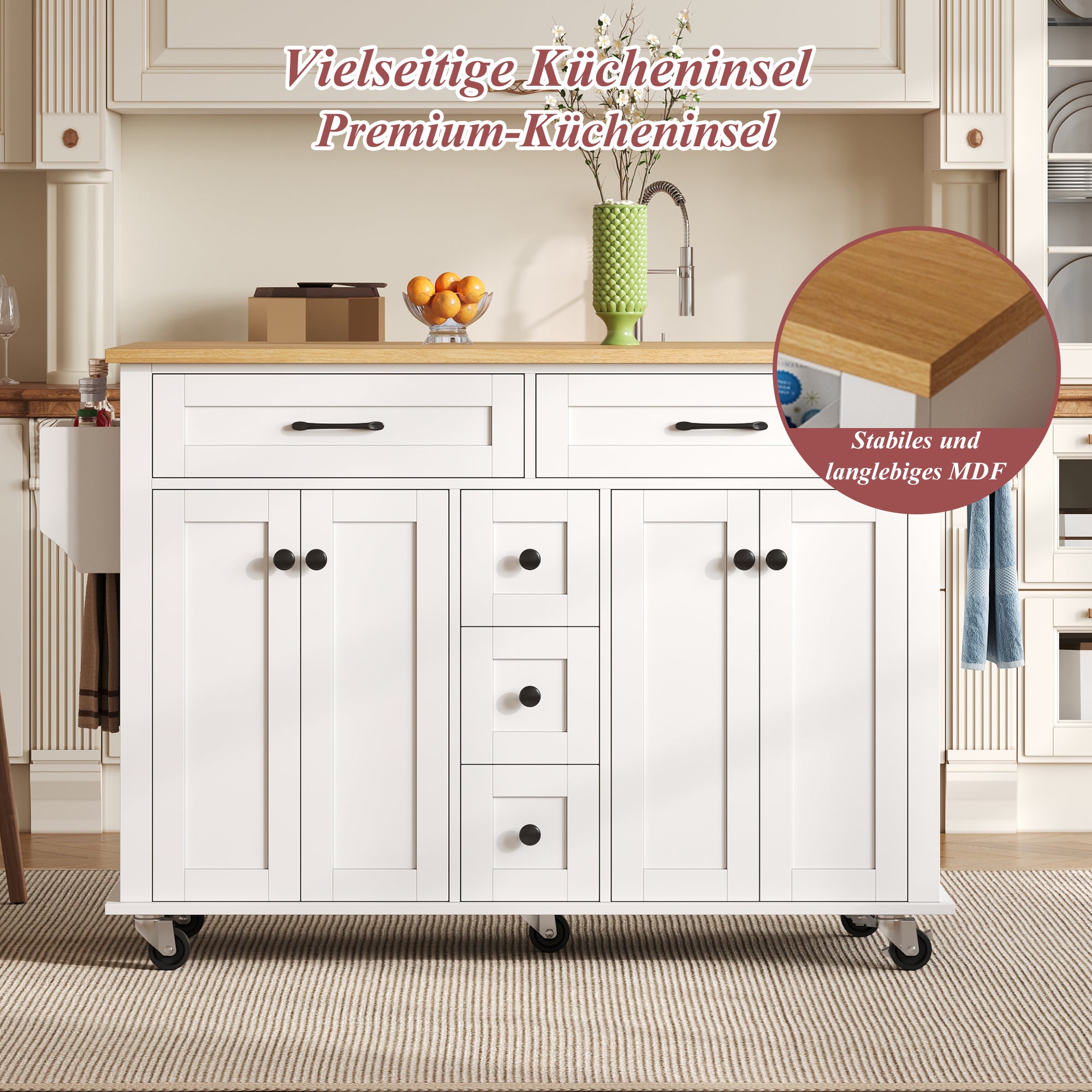 Multifunctional Kitchen Island Extendable Worktop 5 Drawers Storage Racks on Wheels