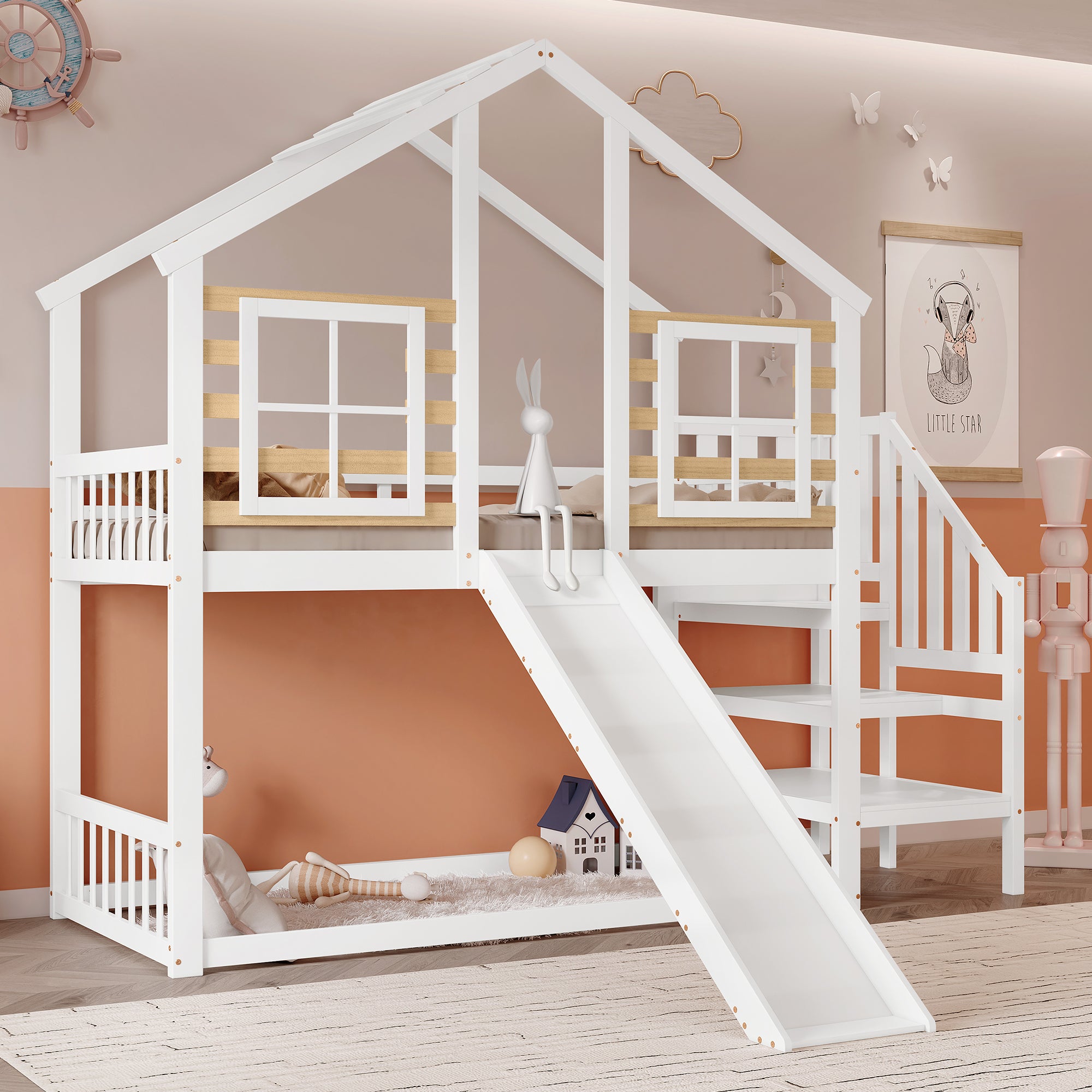 Bunk Bed, Wooden with Stairs, Slide & Window, Solid Wood, White