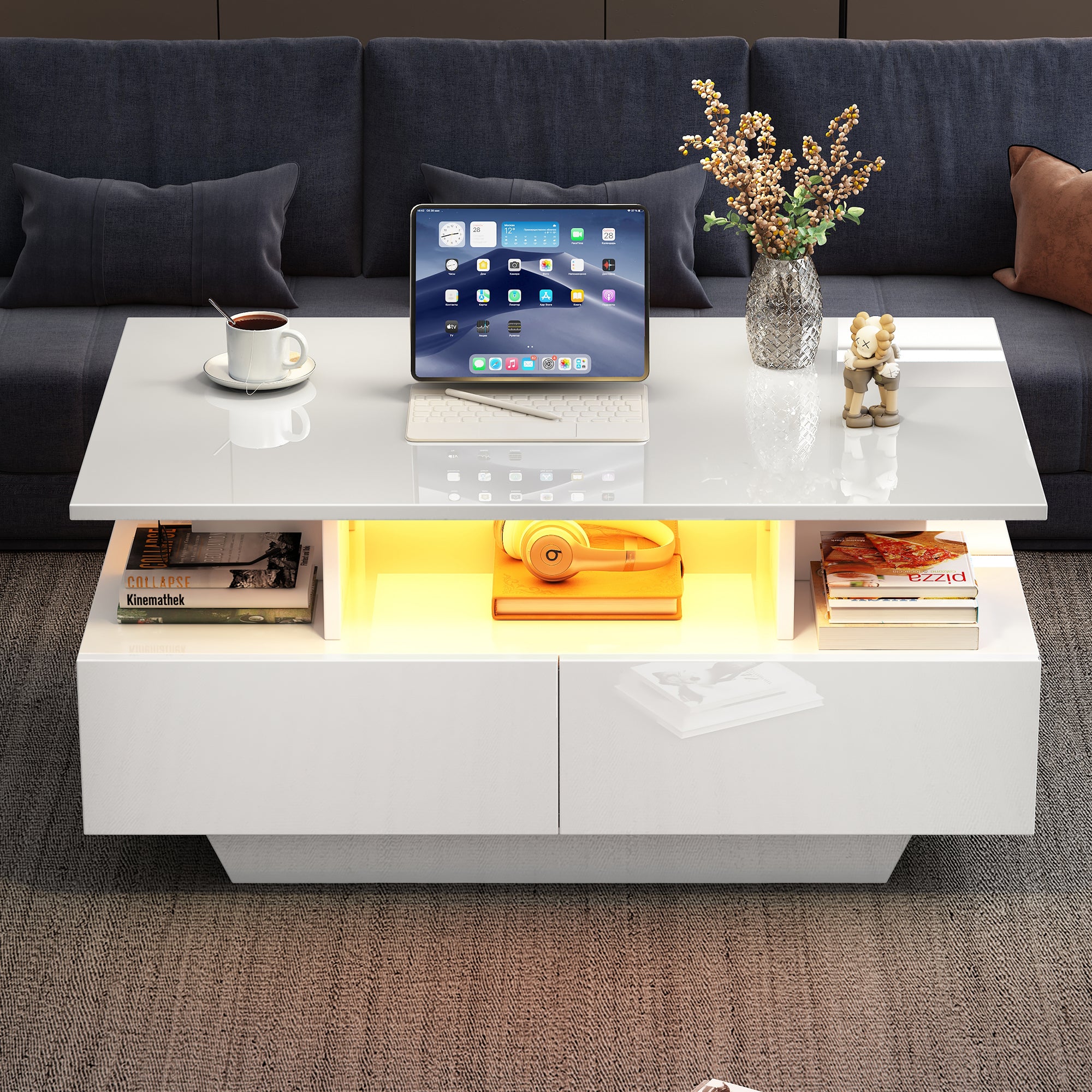 Modern high-gloss coffee table with LED lighting and 2 drawers 90x55x41 cm, 30 kg load capacity