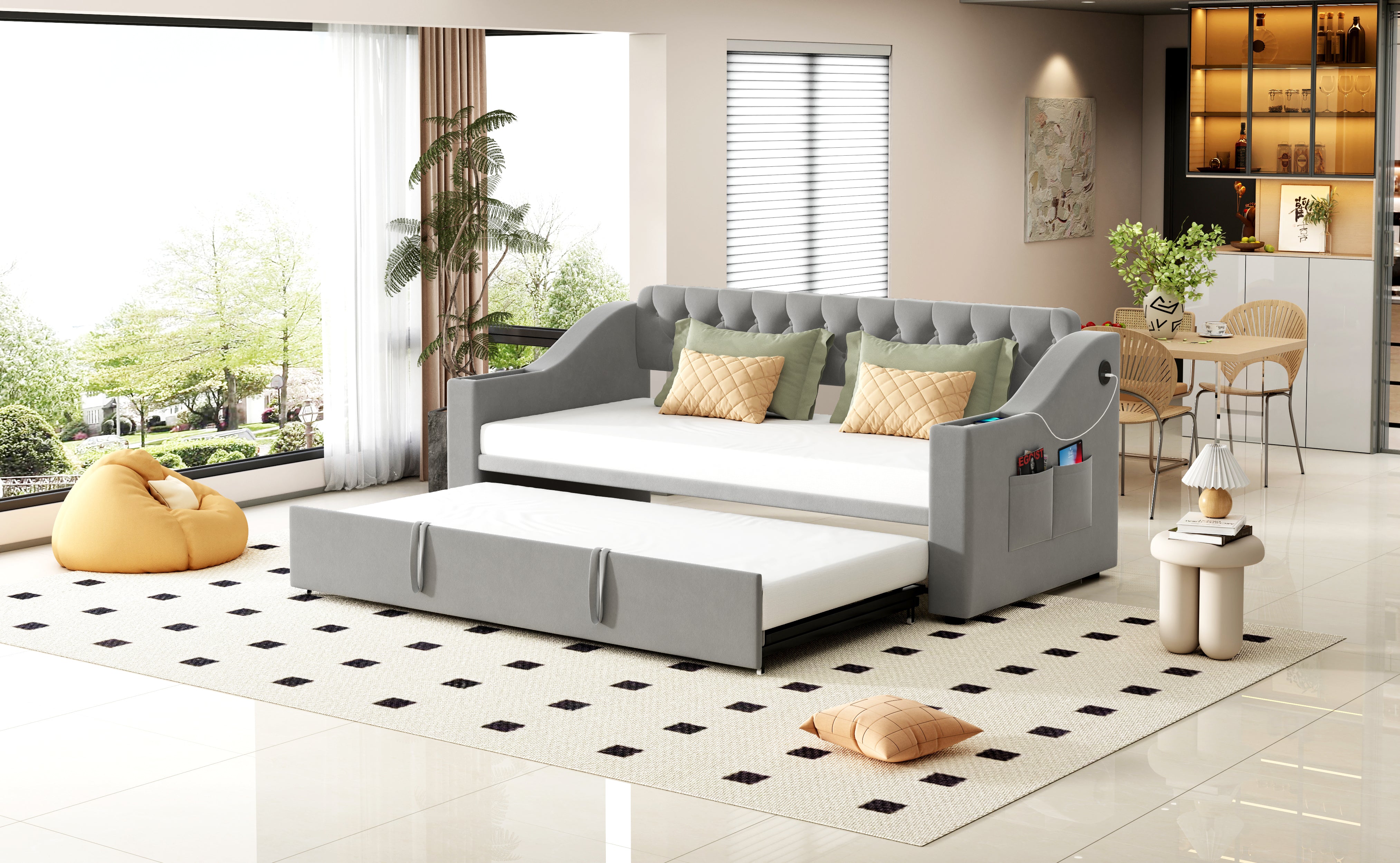 Upholstered Sofa Bed with USB Charging Port, Storage, Slatted Frame, Velvet Fabric, Grey