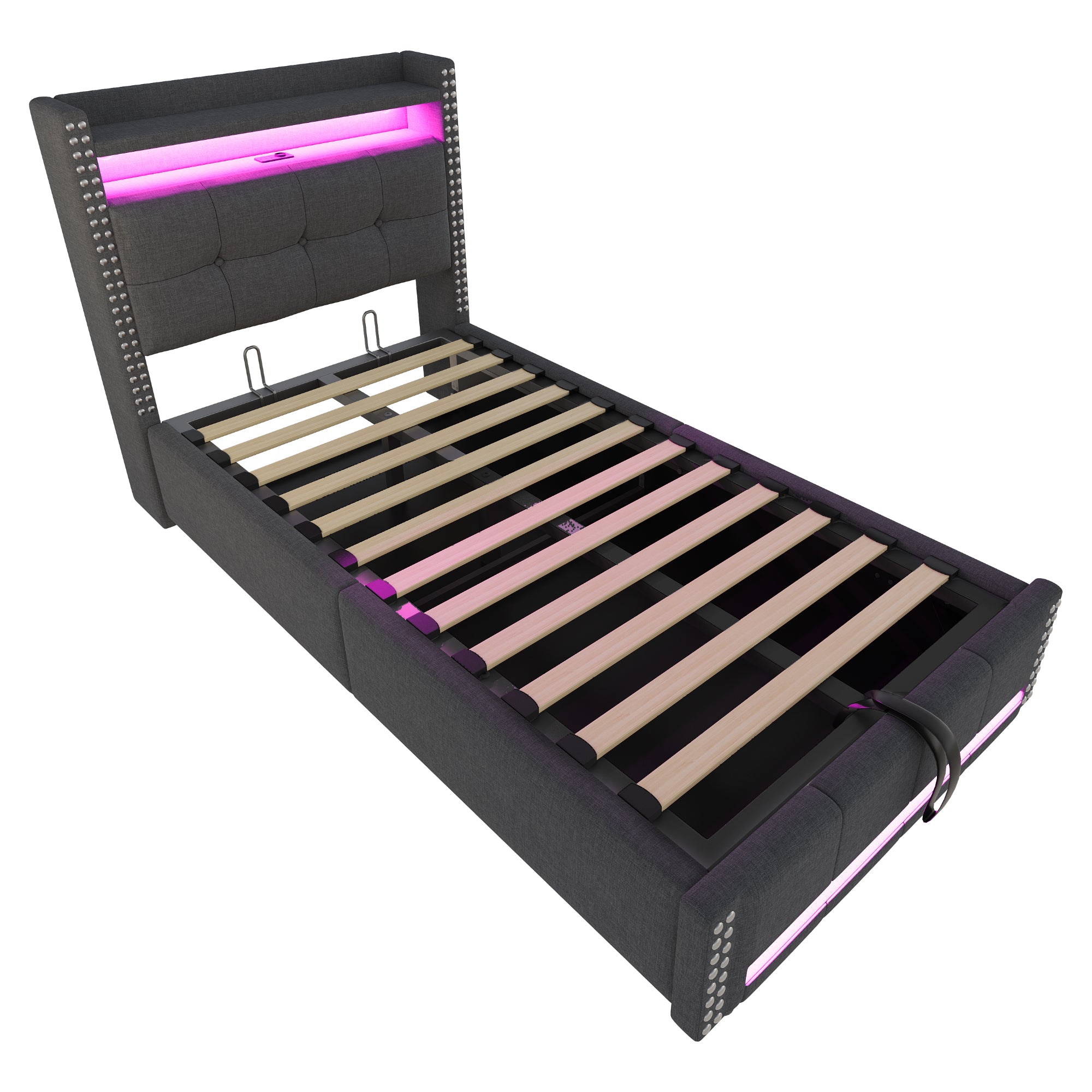 Linen Upholstered Single Bed with Storage, LED Lights & USB Charging
