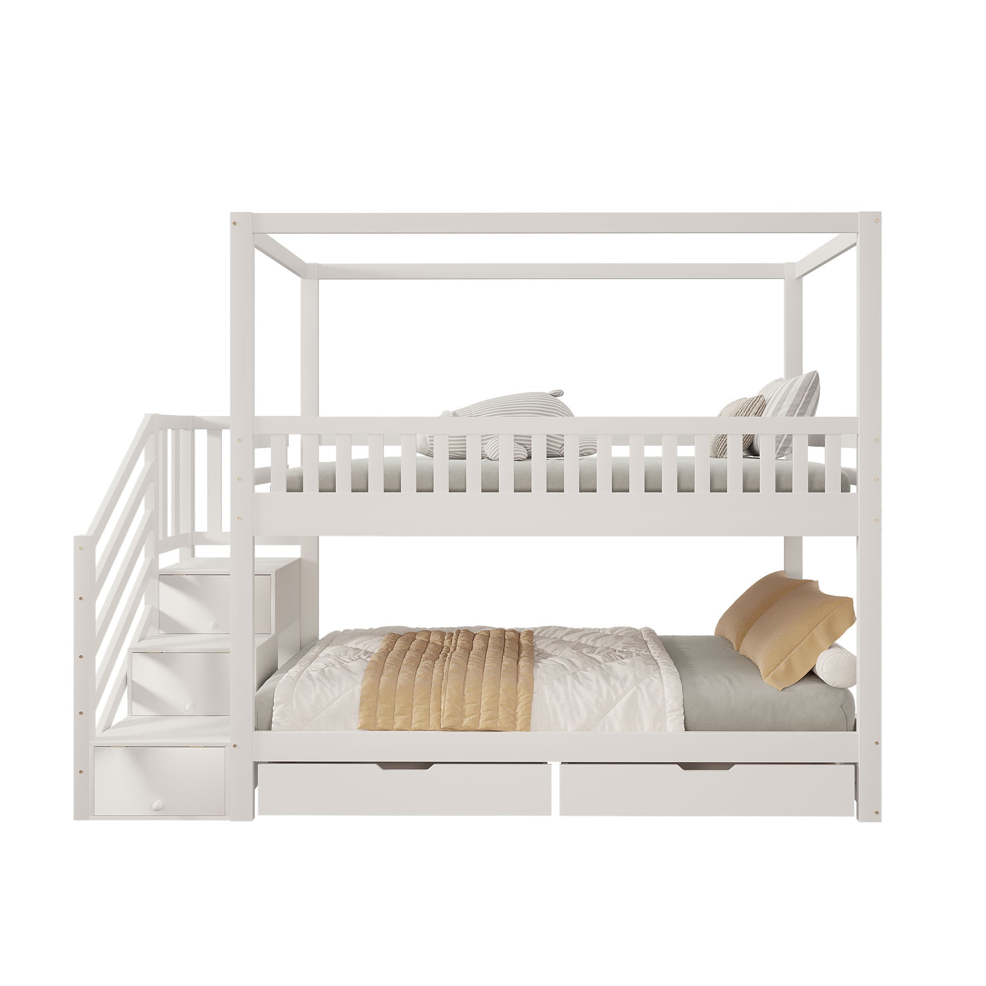 Bunk Bed, House-Shaped, Safety Railing, Storage, Solid Wood White