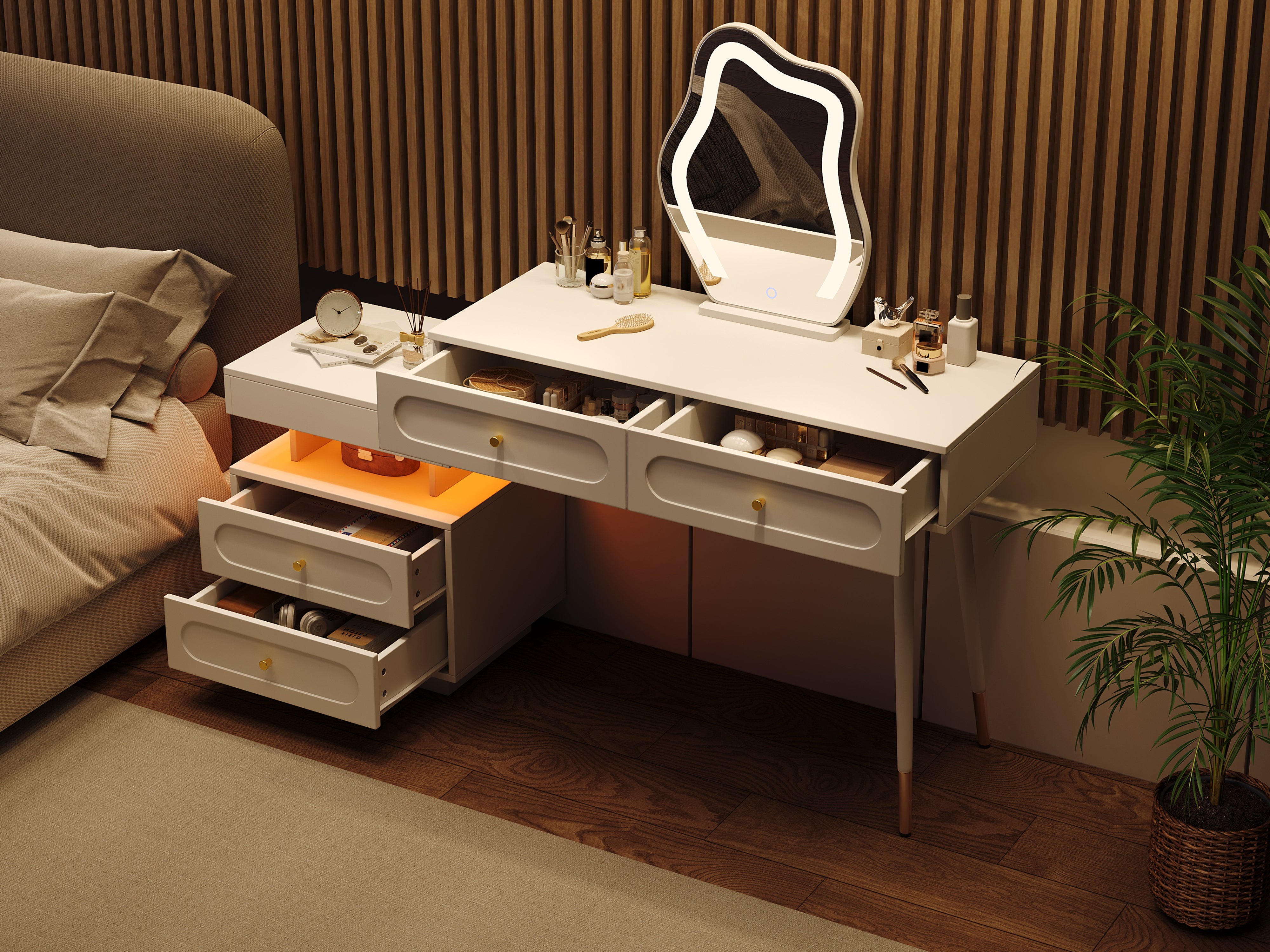 Dressing Table Set LED Mirror 4 Drawers Open Storage White