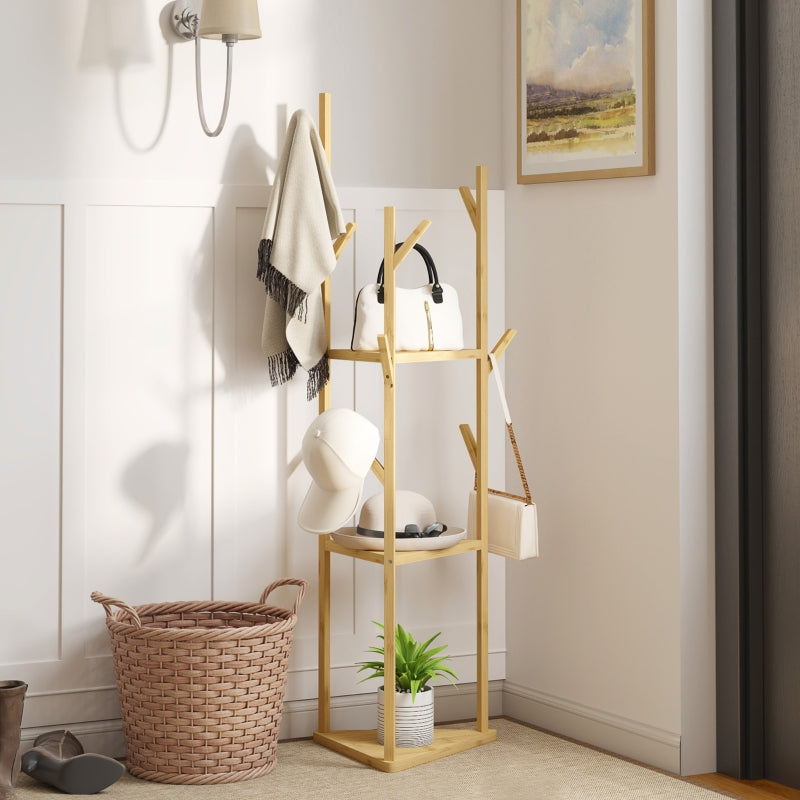 Coat Rack, 8 Hooks, 3 Tiers, Bamboo, Natural