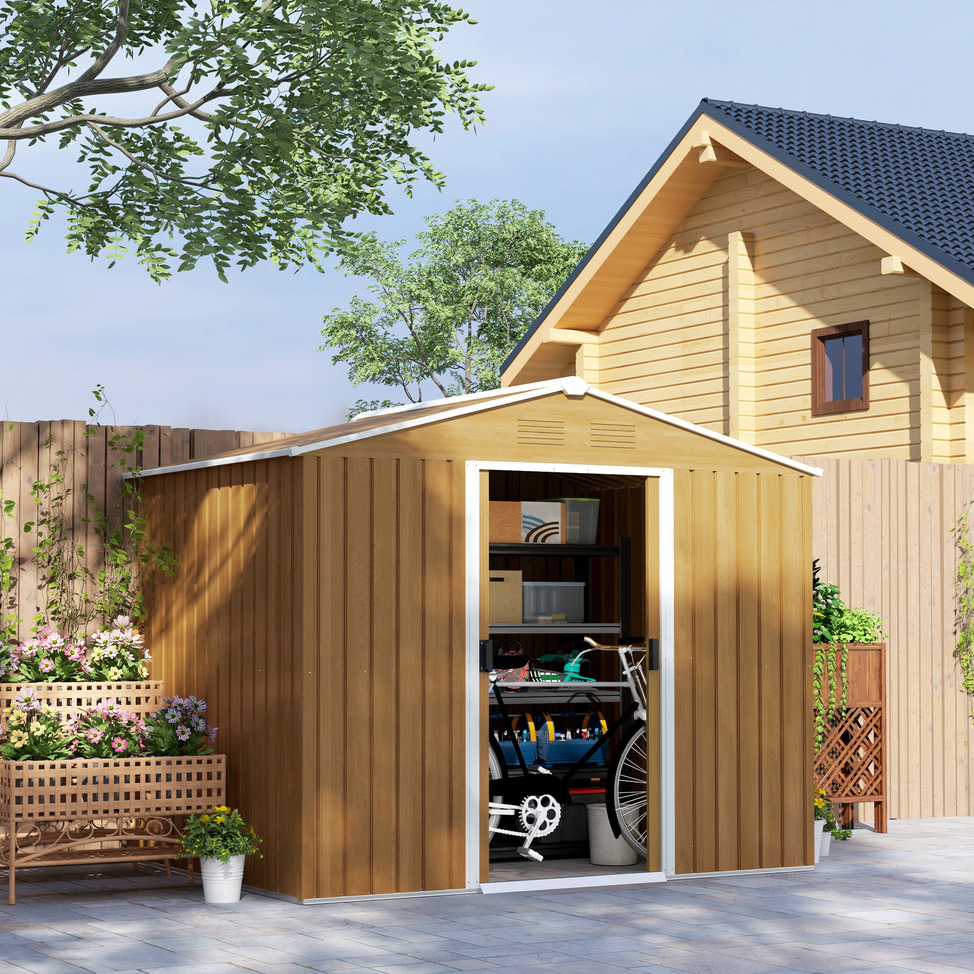 Galvanised Steel Shed, Double Door - Brown