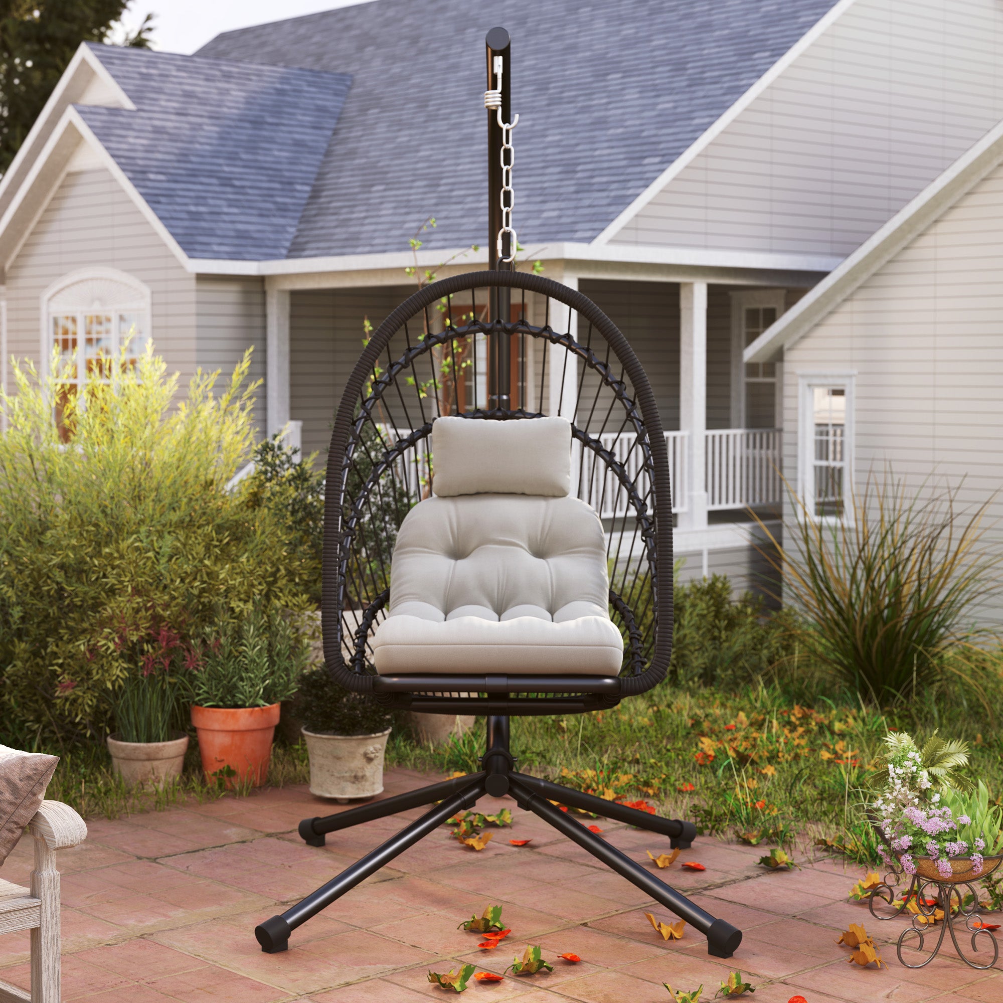 Outdoor PE Rattan Swing Chair Hanging Egg Chair with Foldable Basket, Cushion and Metal Stand, Black