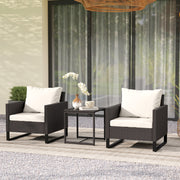3 Pieces Rattan Bistro Set, 4 Cushions Glass Top, Brown