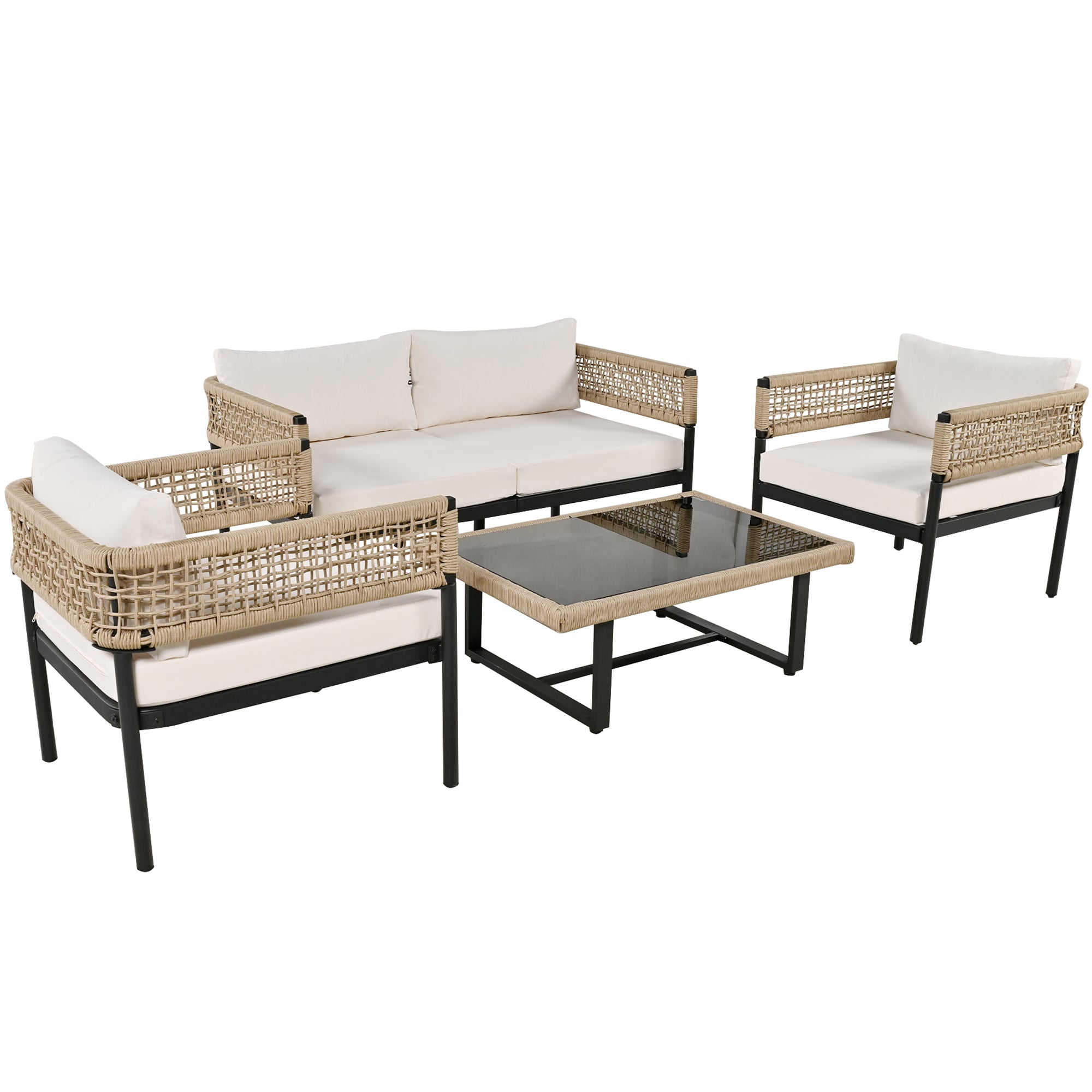 Garden Lounge Set 4-Piece Rope Set Galvanized Frame Glass Top with Cushions - Beige