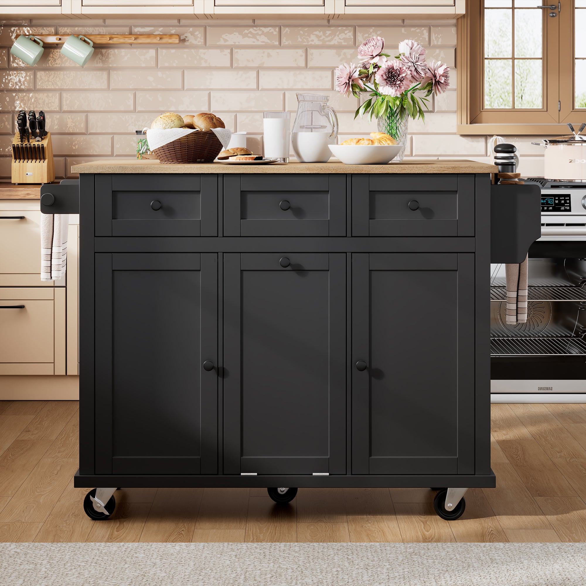 Mobile Kitchen Island Extendable Dining Area Waste Bin & Drawers - Black