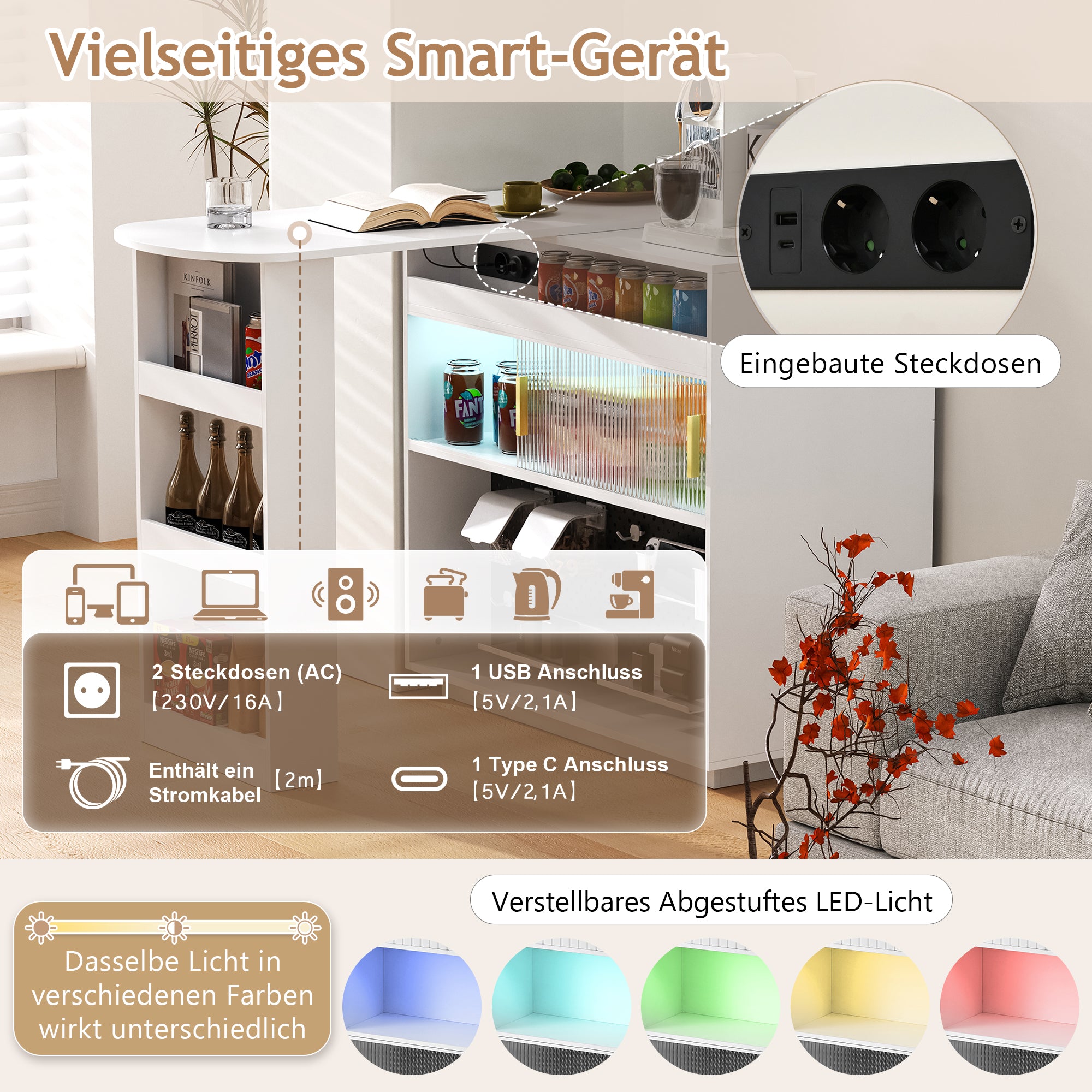 Bar Table Extendable 360° Rotating Sideboard LED Storage Sockets White