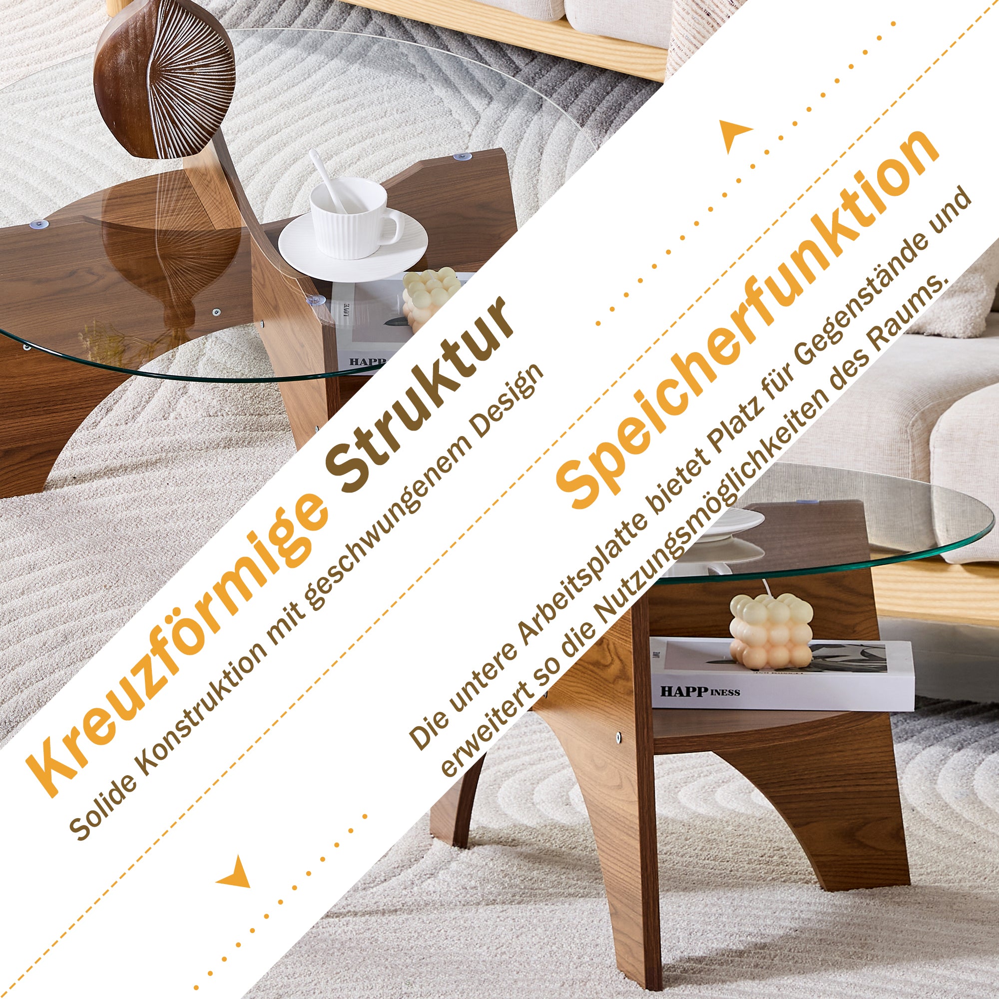 Round Side Table Ø 80 cm Safety Glass Top Multifunctional Walnut-Finish MDF