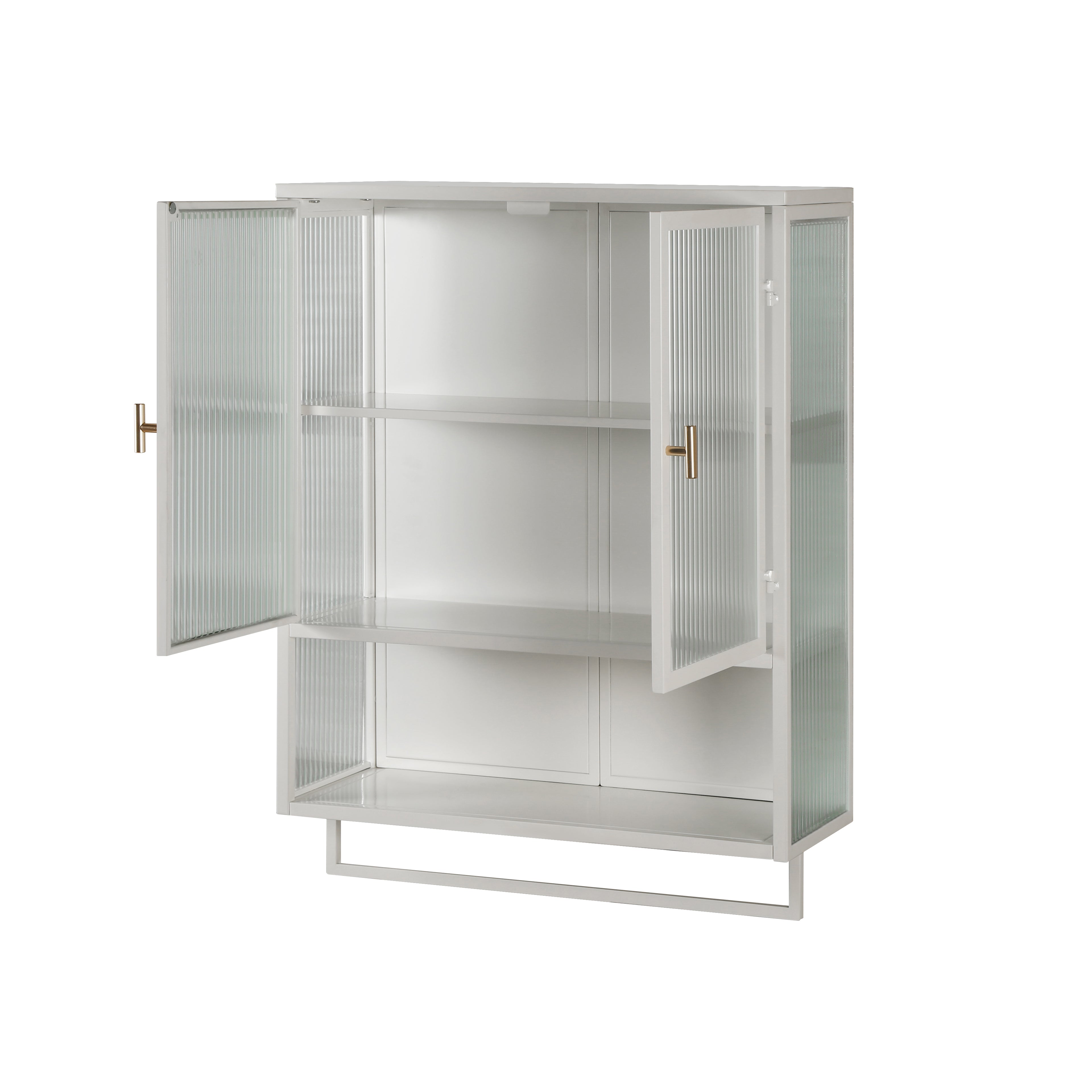 60CM Wall Cabinet with Glass Doors, Two-tier Enclosed Storage, Open Shelf, Towel Rack, White
