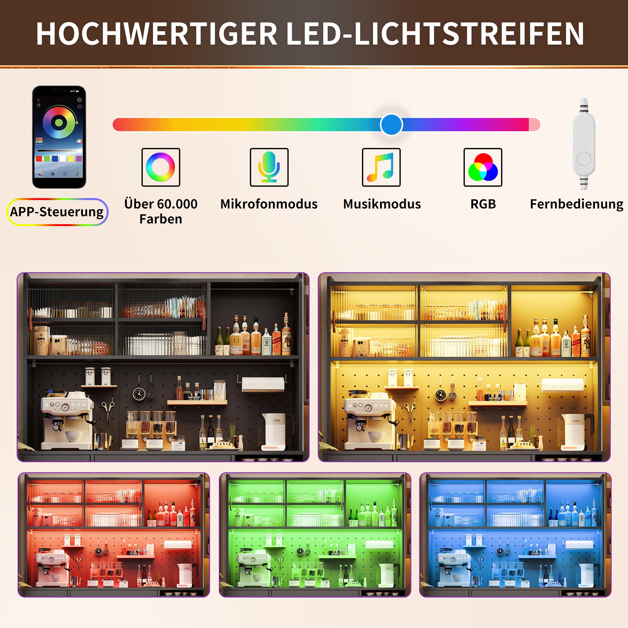 Modern Sideboard Tall Storage Cabinet with LED Lighting and Pegboard, Black