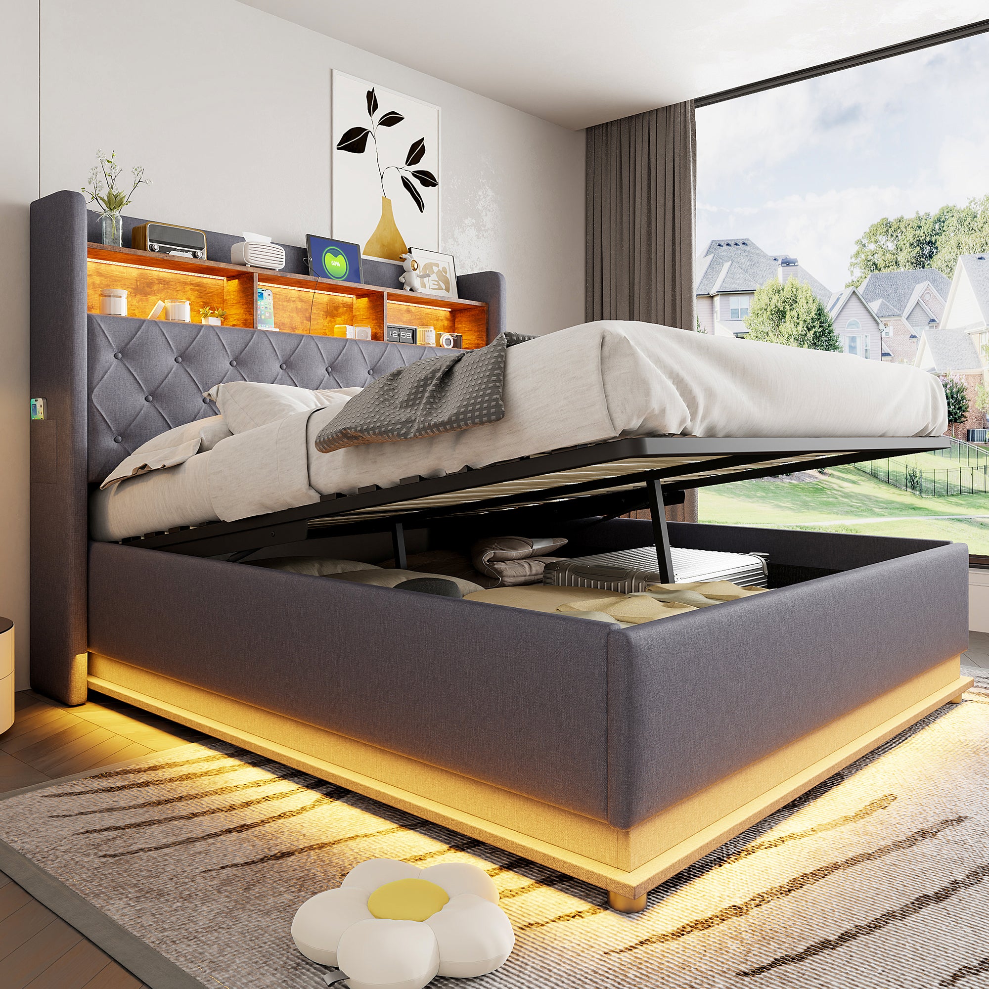 LED Upholstered Bed, 160x200cm, USB Charging, Hydraulic Storage, Linen Fabric, Grey