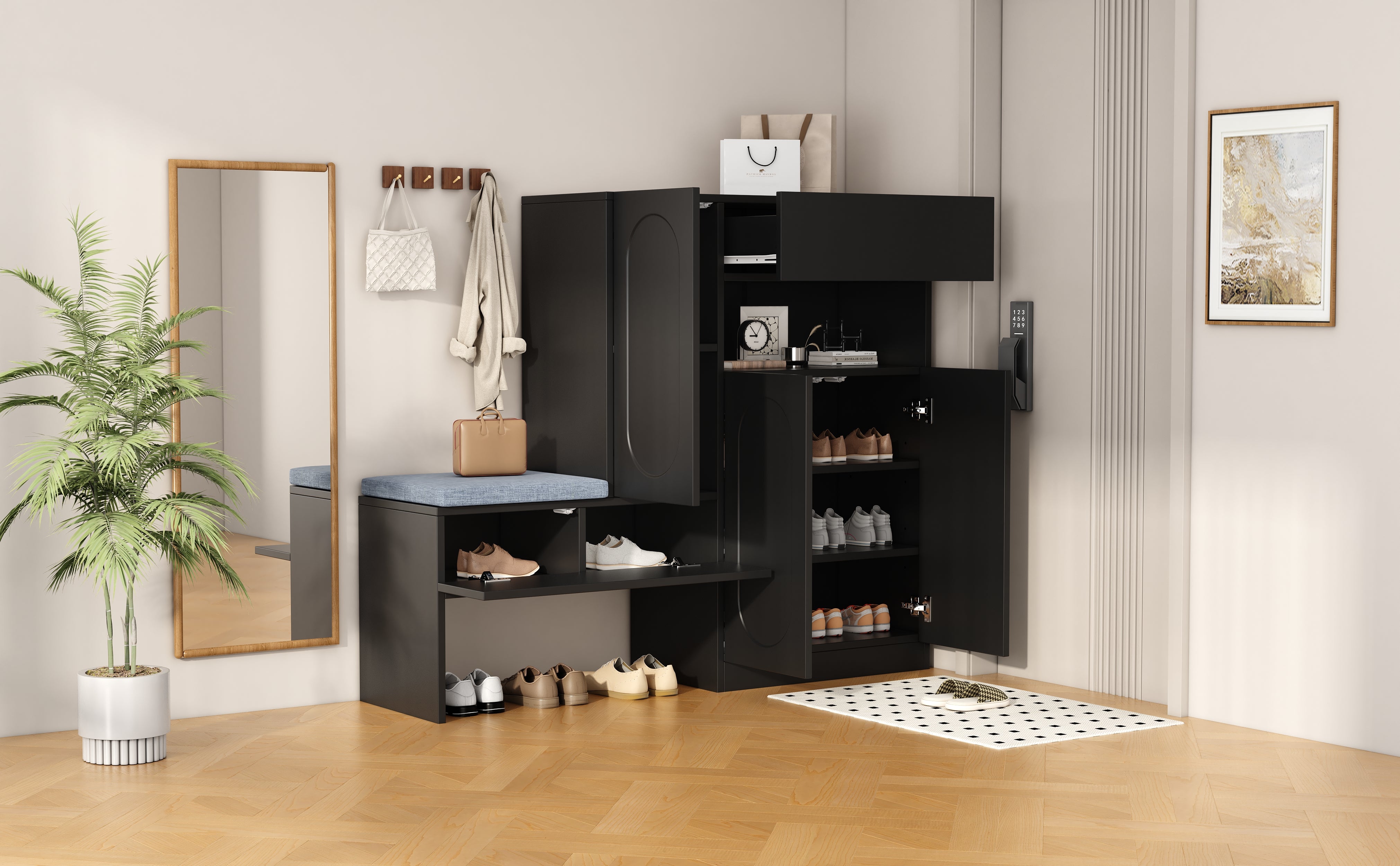 Trendy 2-in-1 Shoe Cabinet with Curved Doors, Soft-Close, Adjustable, Upholstered Bench, Black