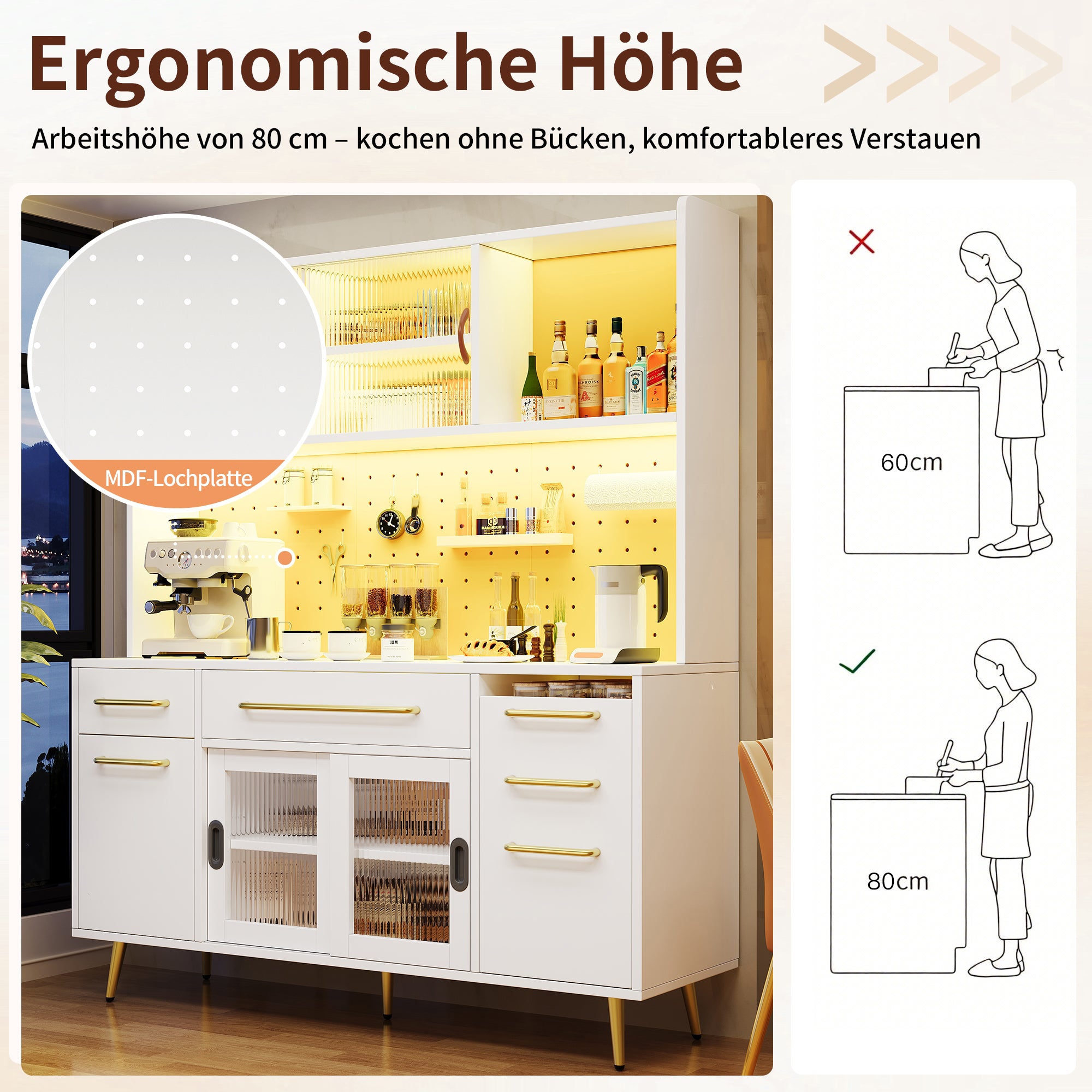 Modern Sideboard Storage Cabinet with LED Lighting and Pegboard, White