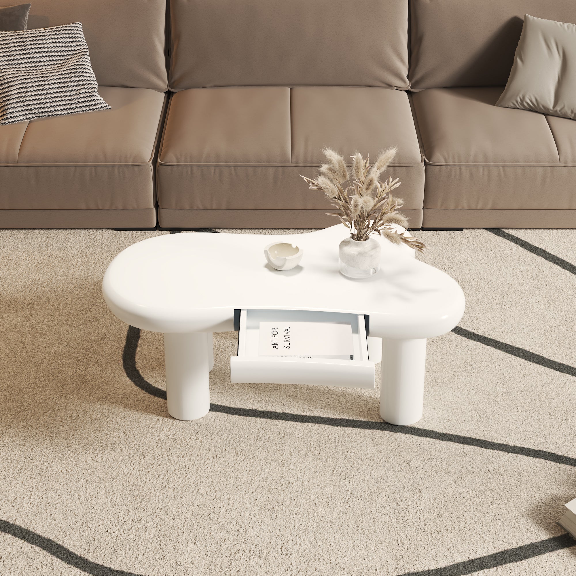 Coffee Table, Cloud-Shaped with 16-Color LED & Drawer, White MDF