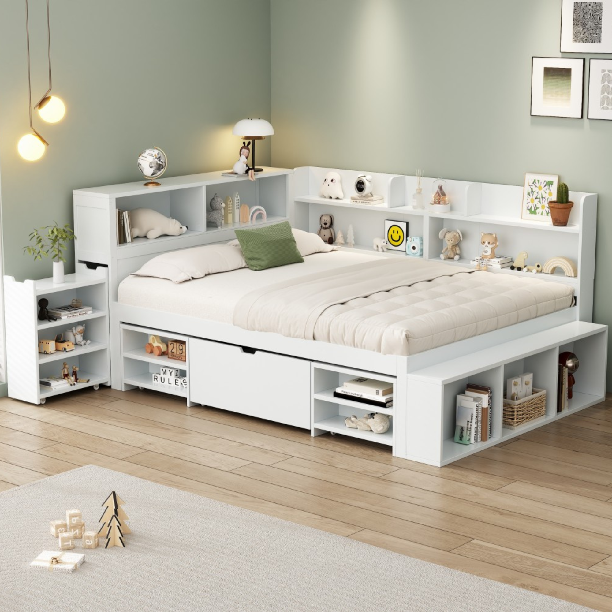Children's Single Bed 140x200cm Storage Drawers Bookshelf White