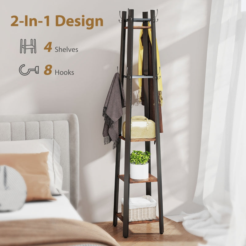 Coat Stand, Four Shelf Industrial Style - Brown/Black