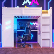 Loft Bed 90x200cm Gaming Bed Desk LED USB/Type-C Drawer Clothes Rack White