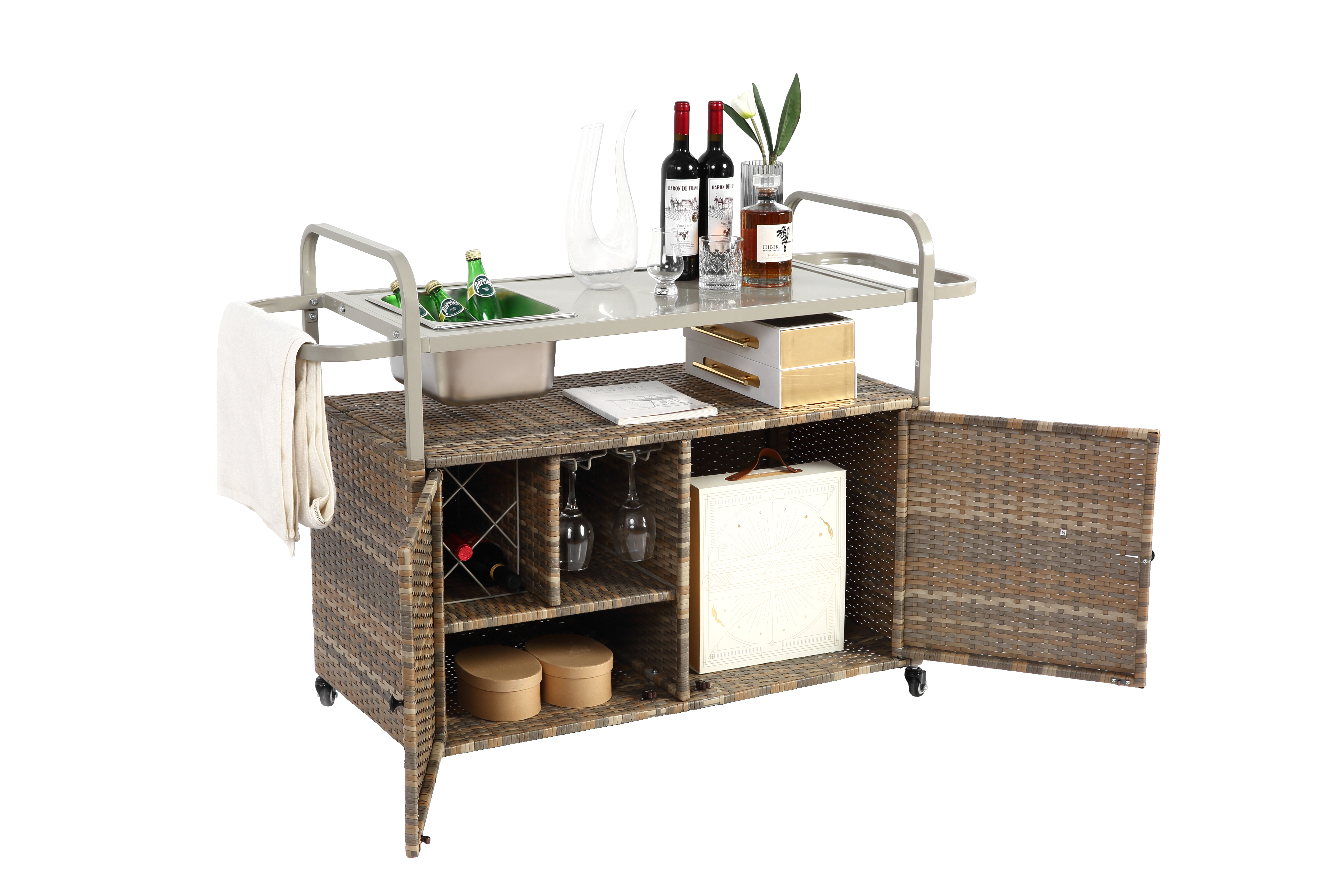 Outdoor Bar Table, Wicker Bar Cart with Cabinet, Steel Top, Ice Bucket, Lockable Wheels, Beige