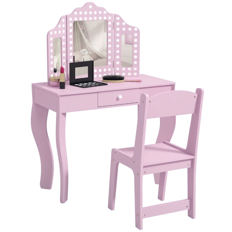 Kids Dressing Table Set, Stool Tri-Fold Mirror Drawer, Pink