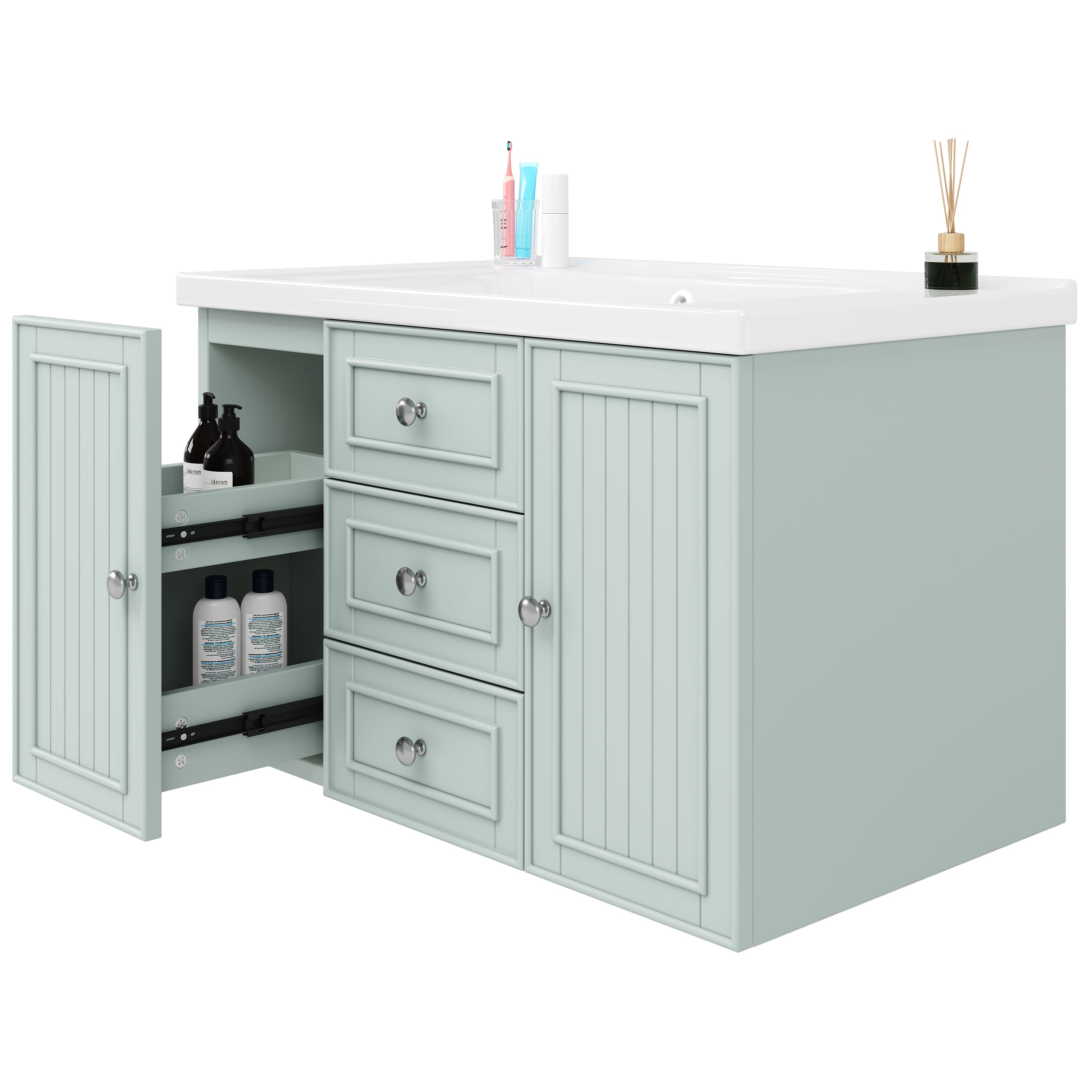 Wall-Mounted Vanity Unit with Sink & 3 Drawers 78.5x46.8cm - Green