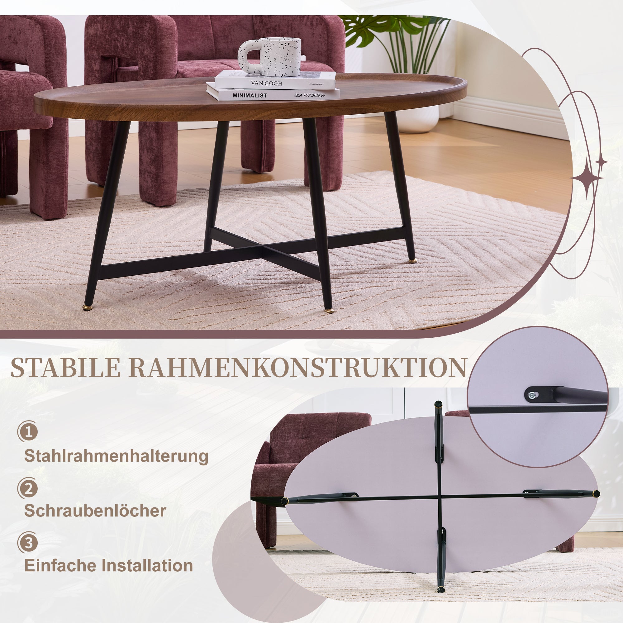 Oval Coffee Table Modern Minimalist Wood Metal Frame