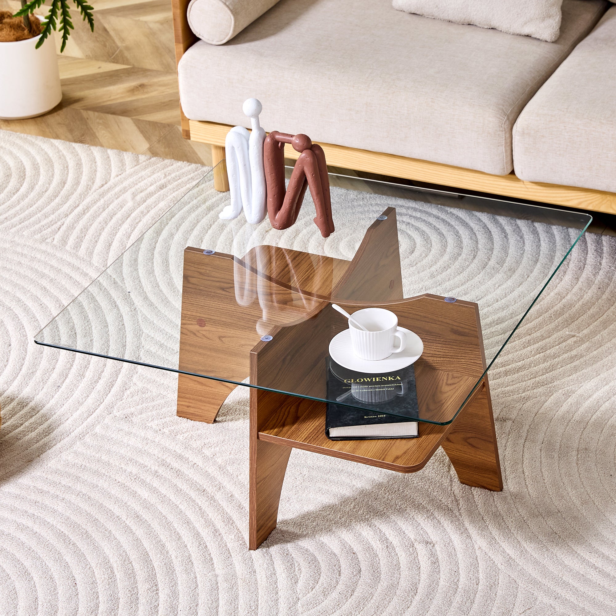 Square Side Table 80cm Tempered Glass MDF Legs - Walnut Finish