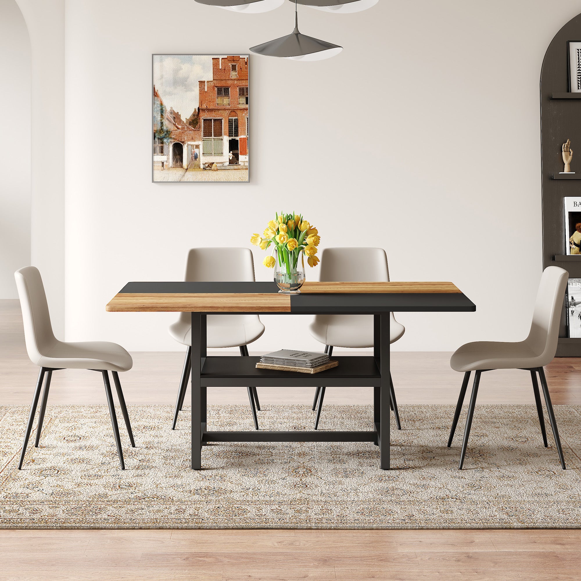 160 cm Rectangular Dining Table Set, Storage & 4 Chairs with Widened Cushions, Warm Grey PU Material
