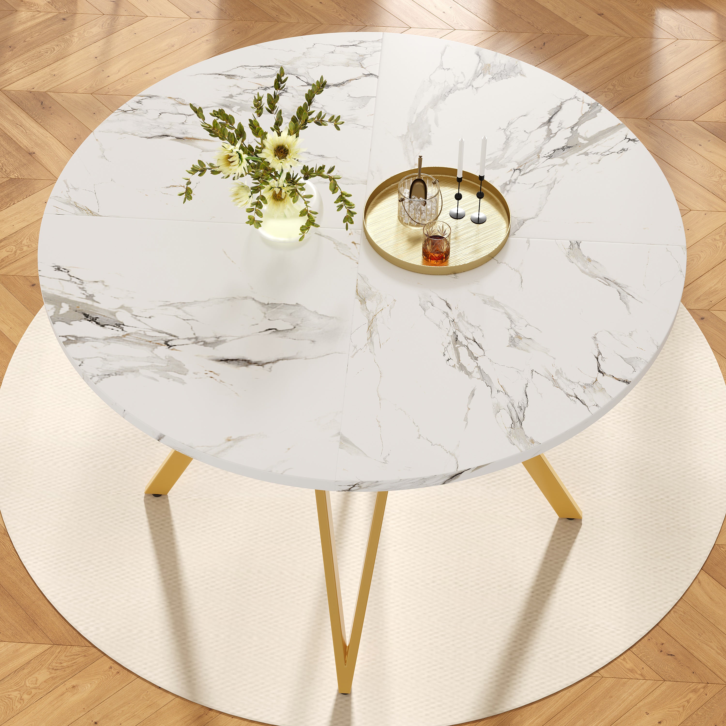 Round Dining Table, 100x100x76cm for 4 people, Metal & MDF Marble, Gold