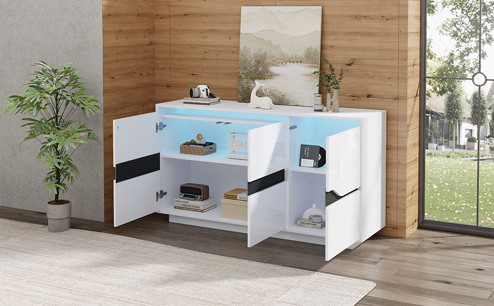 Sideboard, Living Room 140x40x76cm with 3 Doors, Adjustable Dividers, LED, White & Black