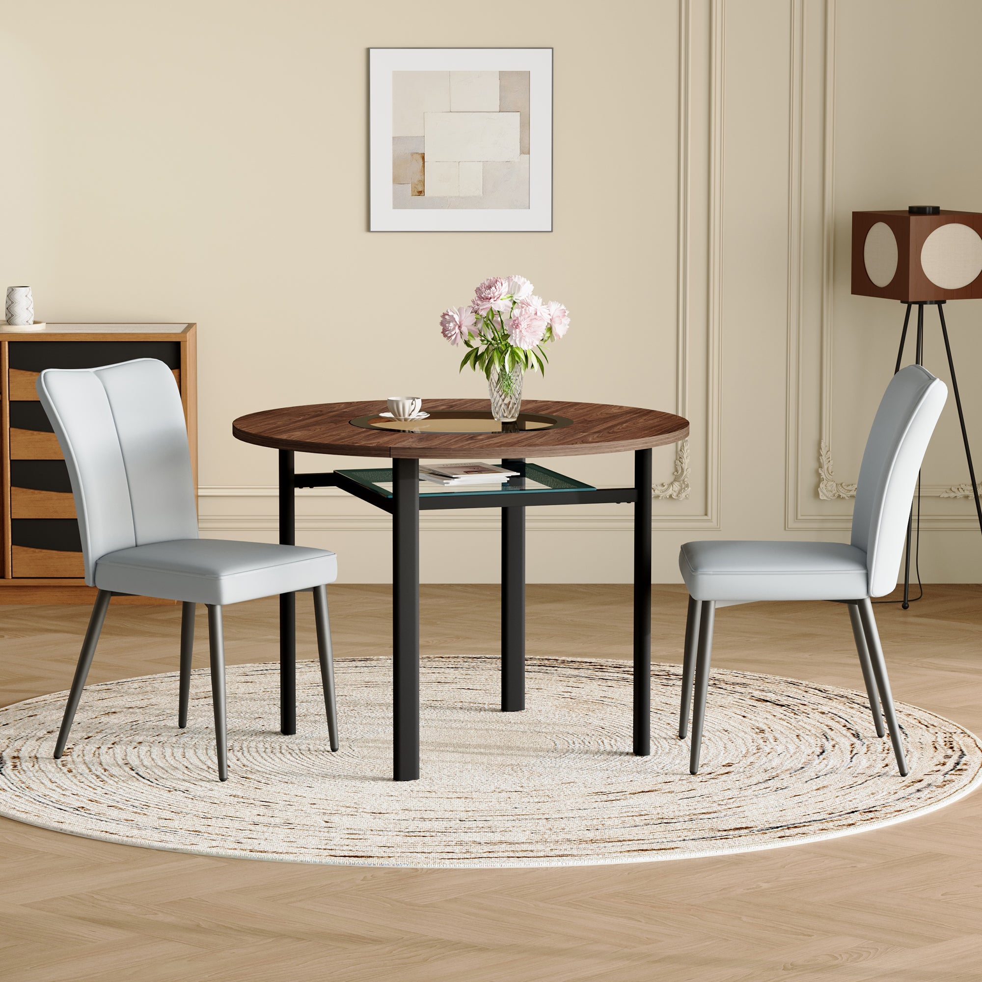 Modern Minimalist Round Dining Set, 100cm Wood Look Table, Light Grey PU Chairs