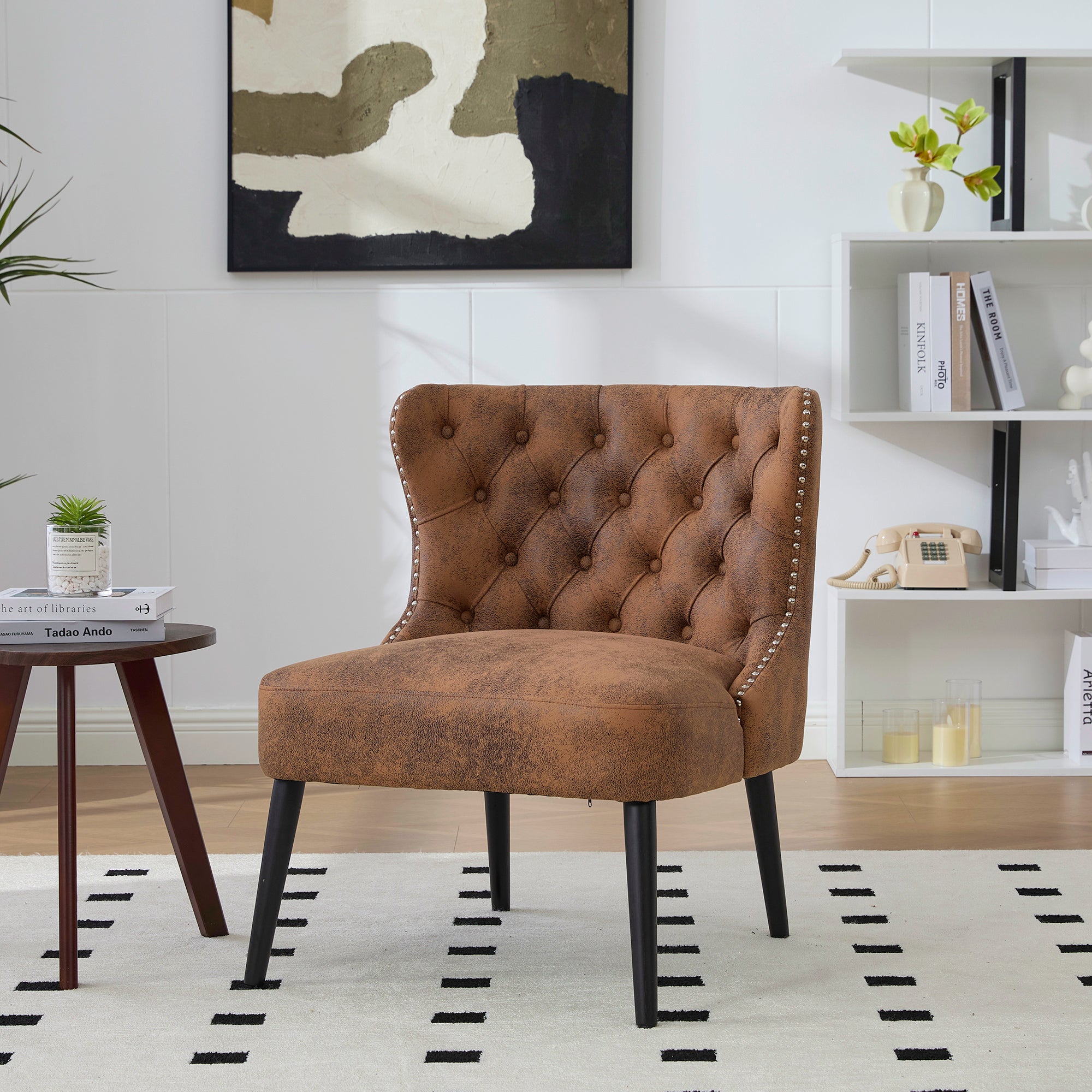 Single Sofa Chair Button Tuft Armless Rivet Trim Solid Wood Legs, Tech Fabric