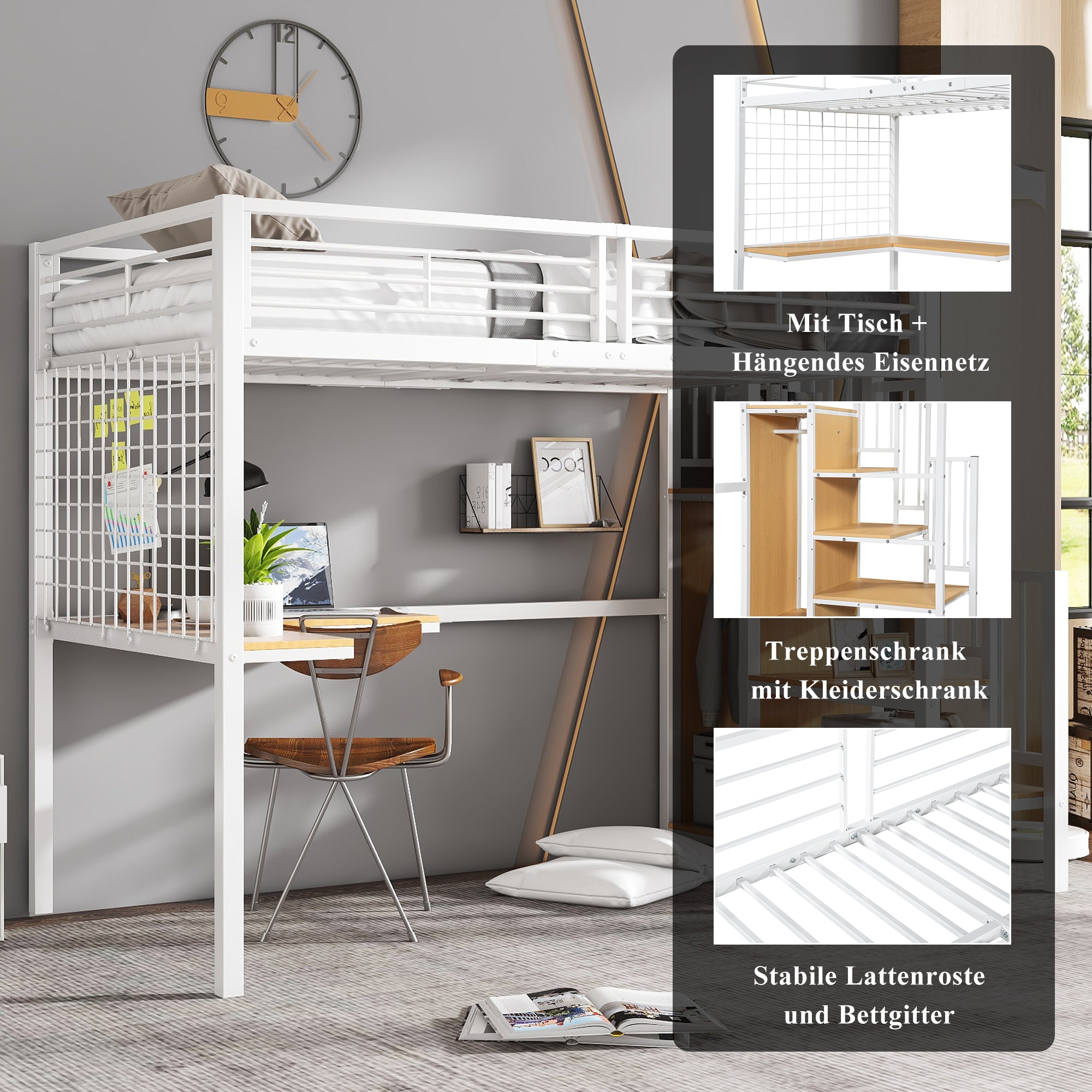 Iron Bed, Bunk/Loft with Table & Wardrobe, White + Natural