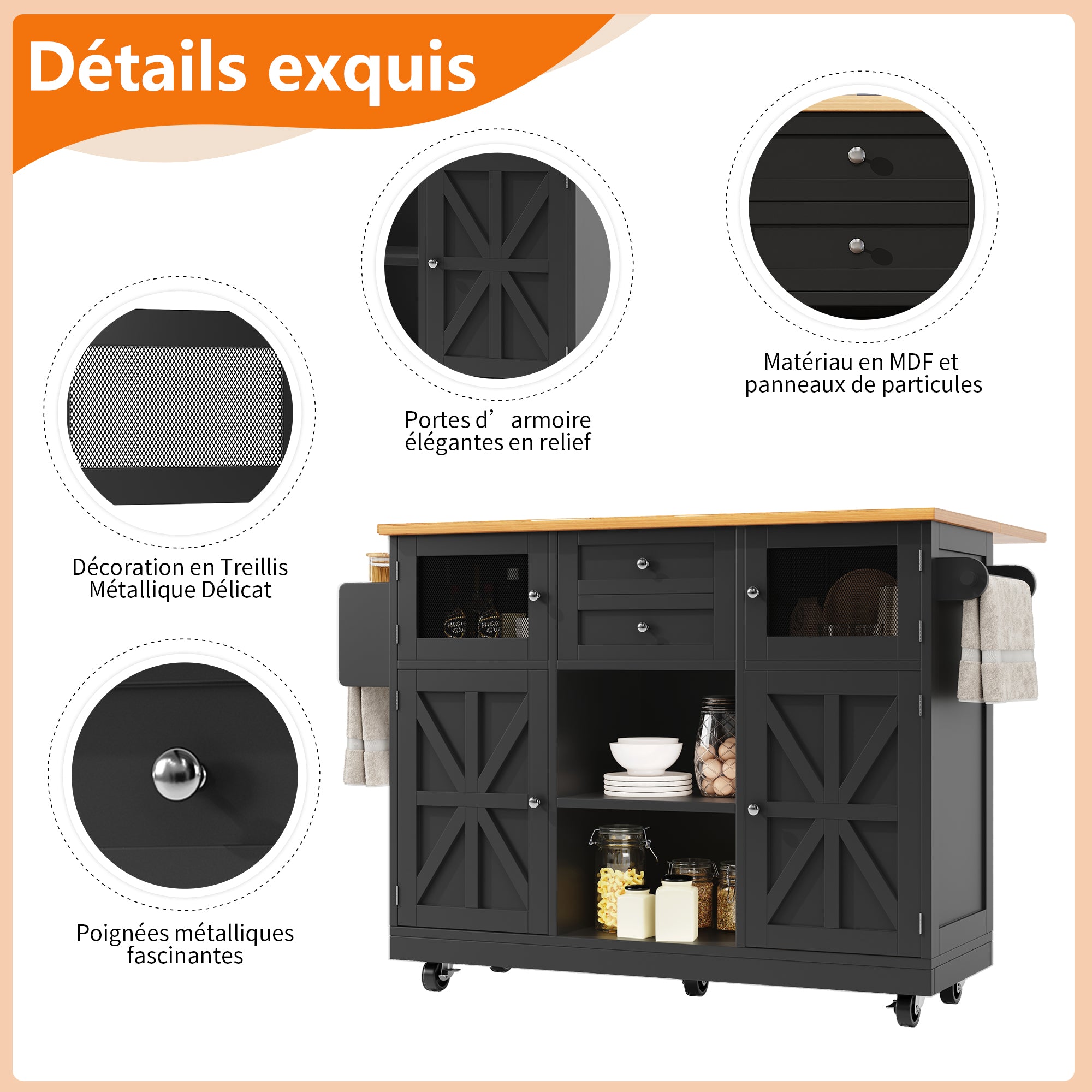 Kitchen Island Trolley Sideboard with Worktop Towel Rail Adjustable Storage Black