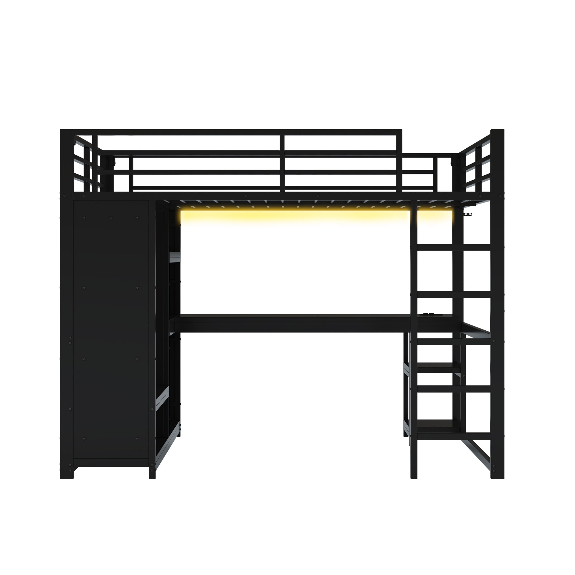 140x200 Gaming Loft Bed with LED, Desk & Storage, Metal Black